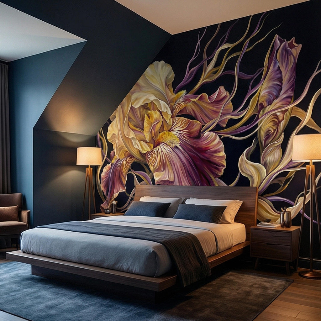 Dramatic Iris Floral Peel and Stick Wall Mural, Moody Purple Cream Botanical Bloom, Large Scale Painterly Dark Floral Statement Wallpaper