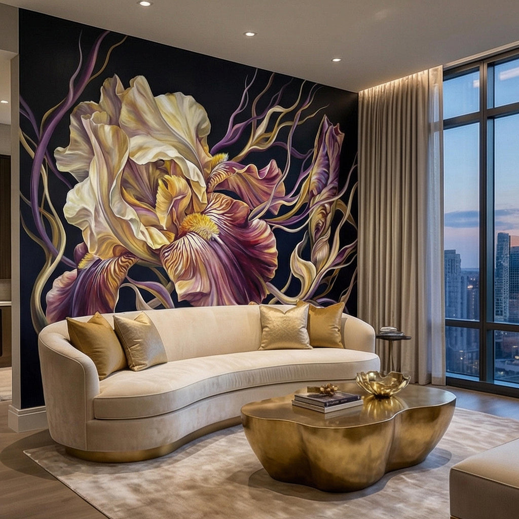 Dramatic Iris Floral Peel and Stick Wall Mural, Moody Purple Cream Botanical Bloom, Large Scale Painterly Dark Floral Statement Wallpaper