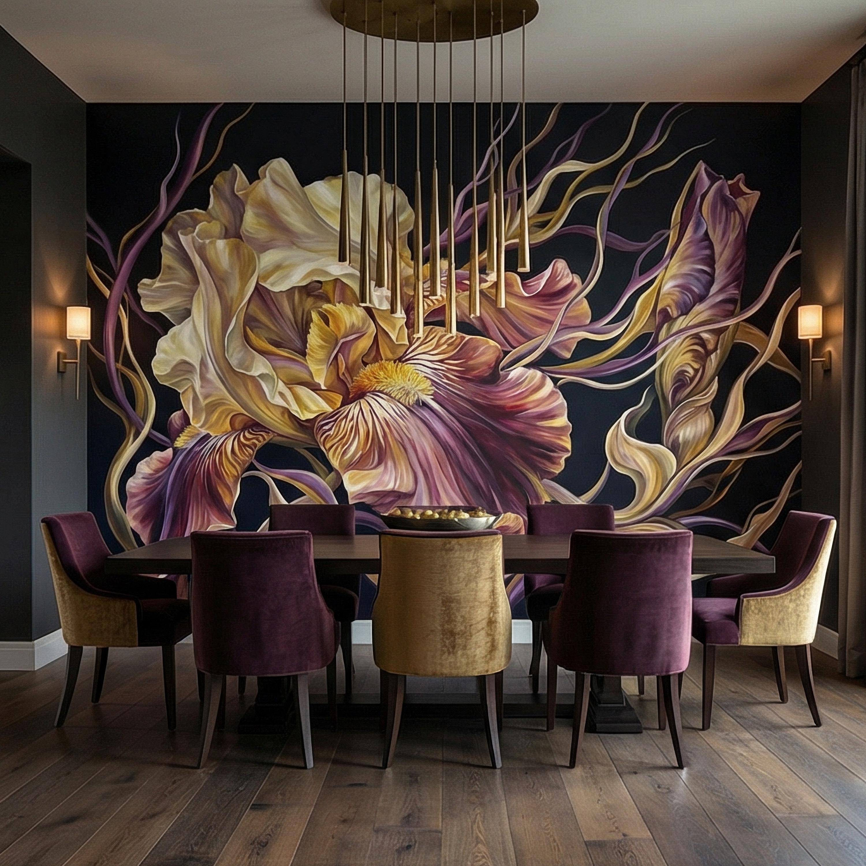 Dramatic Iris Floral Peel and Stick Wall Mural, Moody Purple Cream Botanical Bloom, Large Scale Painterly Dark Floral Statement Wallpaper
