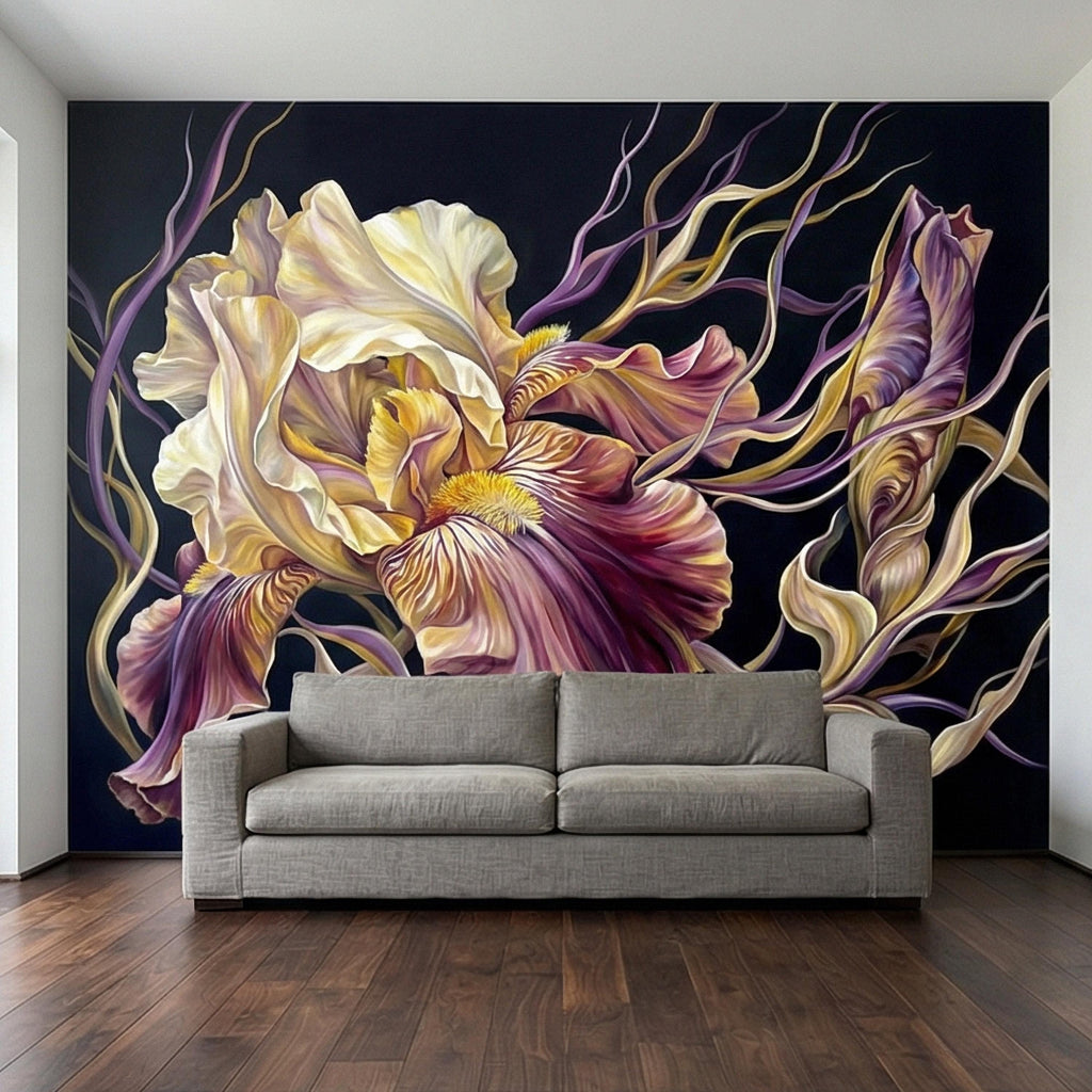 Dramatic Iris Floral Peel and Stick Wall Mural, Moody Purple Cream Botanical Bloom, Large Scale Painterly Dark Floral Statement Wallpaper