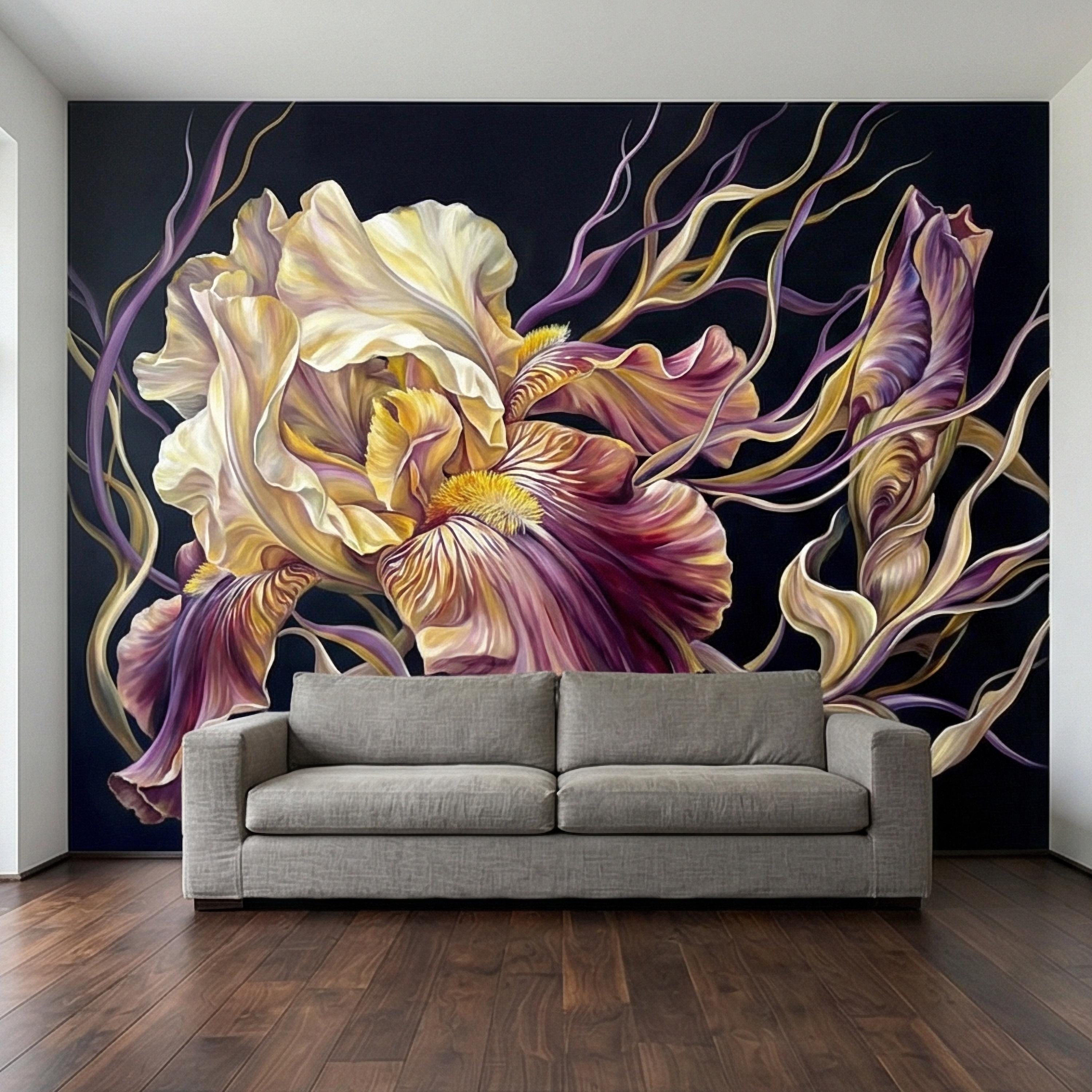 Dramatic Iris Floral Peel and Stick Wall Mural, Moody Purple Cream Botanical Bloom, Large Scale Painterly Dark Floral Statement Wallpaper