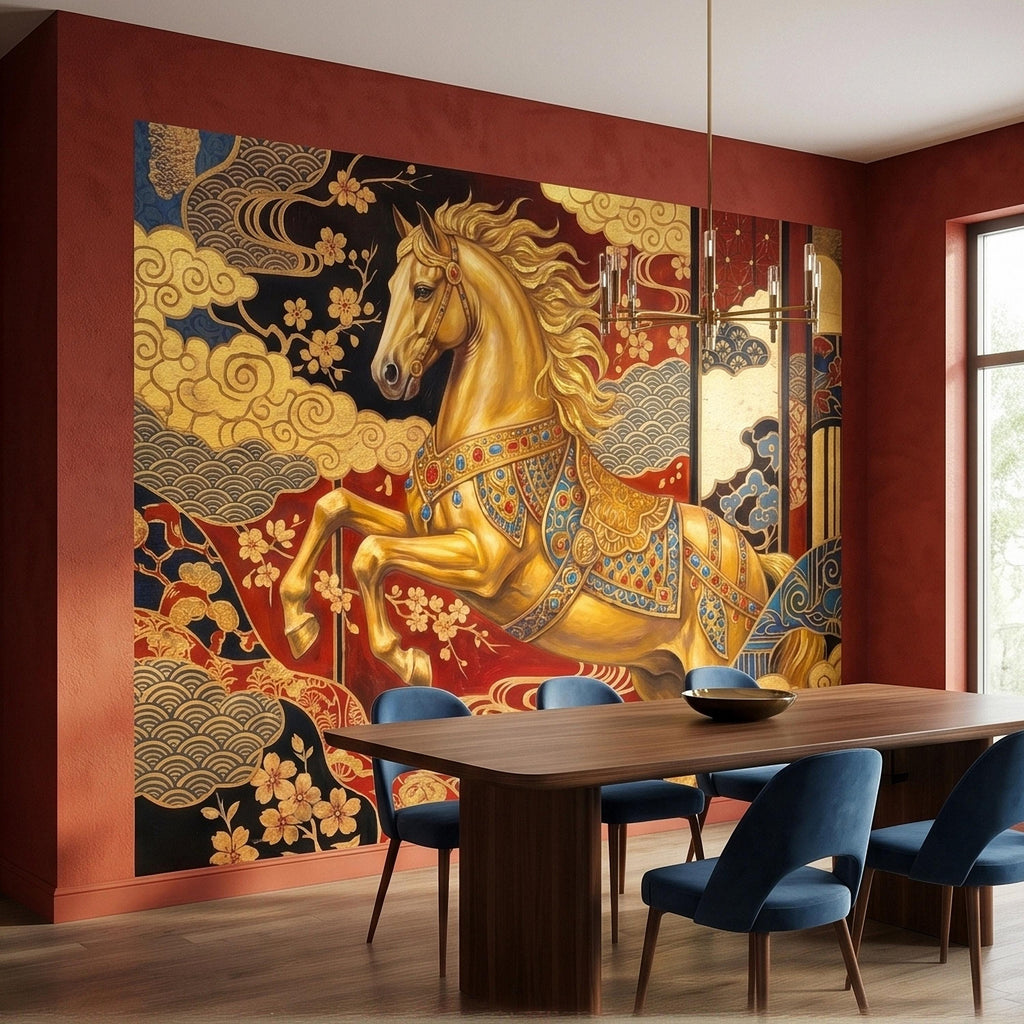 Japanese Golden Horse Peel and Stick Wall Mural, Ornate Kimono Style Asian Folding Screen Art, Sakura Blossoms, Clouds and Waves Wallpaper