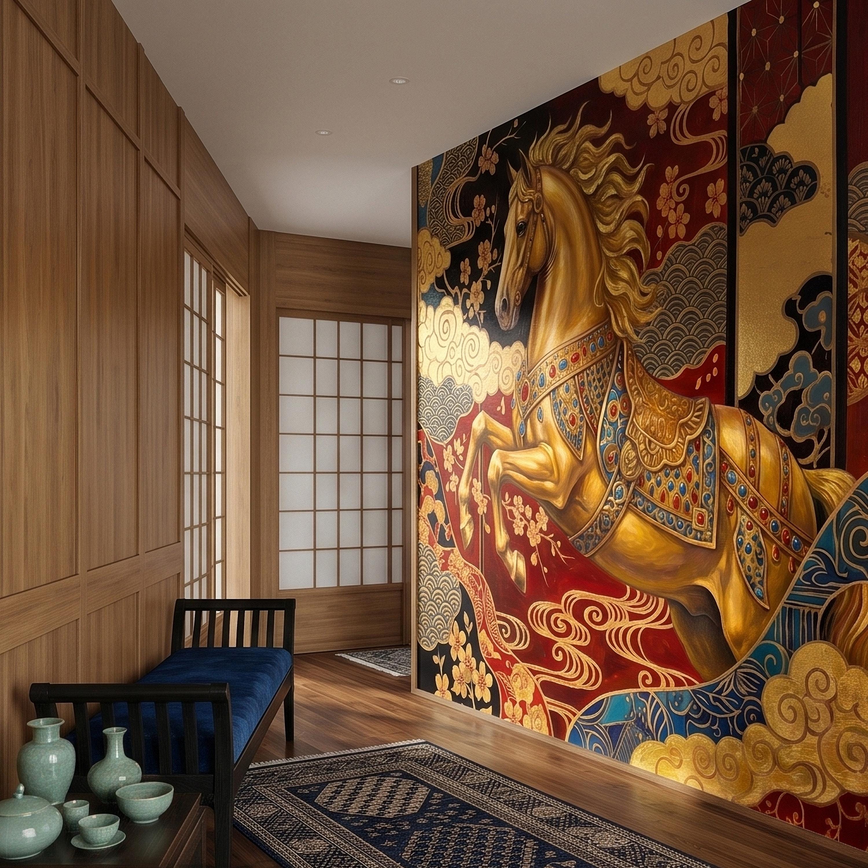Japanese Golden Horse Peel and Stick Wall Mural, Ornate Kimono Style Asian Folding Screen Art, Sakura Blossoms, Clouds and Waves Wallpaper