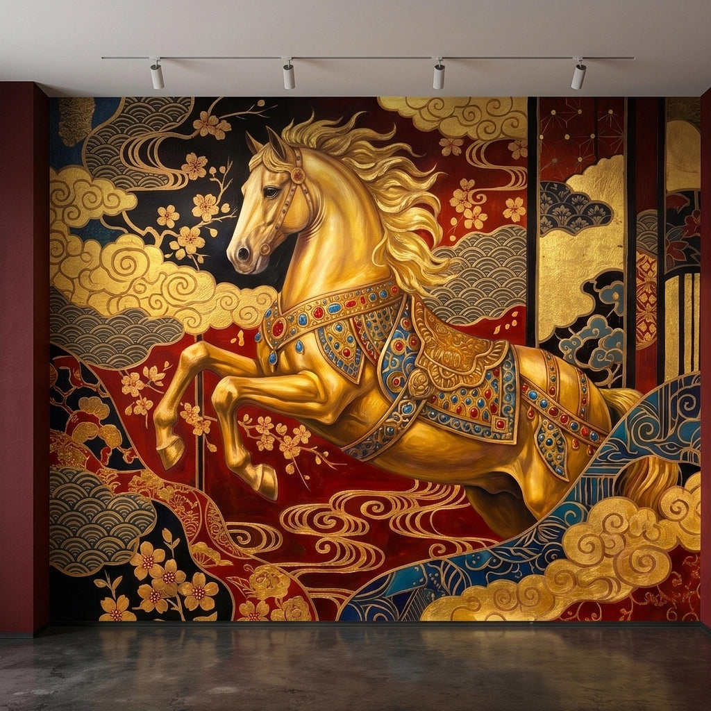 Japanese Golden Horse Peel and Stick Wall Mural, Ornate Kimono Style Asian Folding Screen Art, Sakura Blossoms, Clouds and Waves Wallpaper