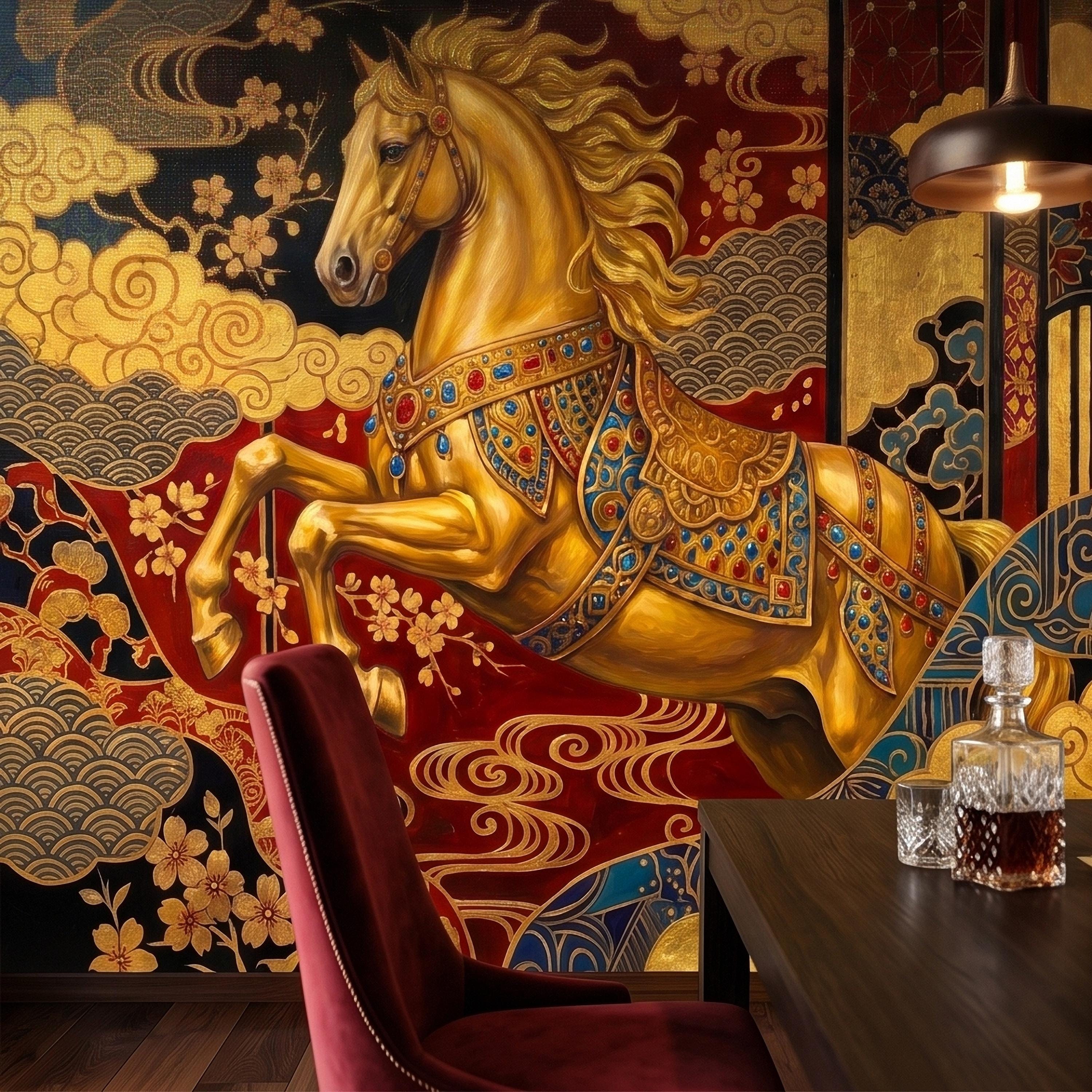 Japanese Golden Horse Peel and Stick Wall Mural, Ornate Kimono Style Asian Folding Screen Art, Sakura Blossoms, Clouds and Waves Wallpaper