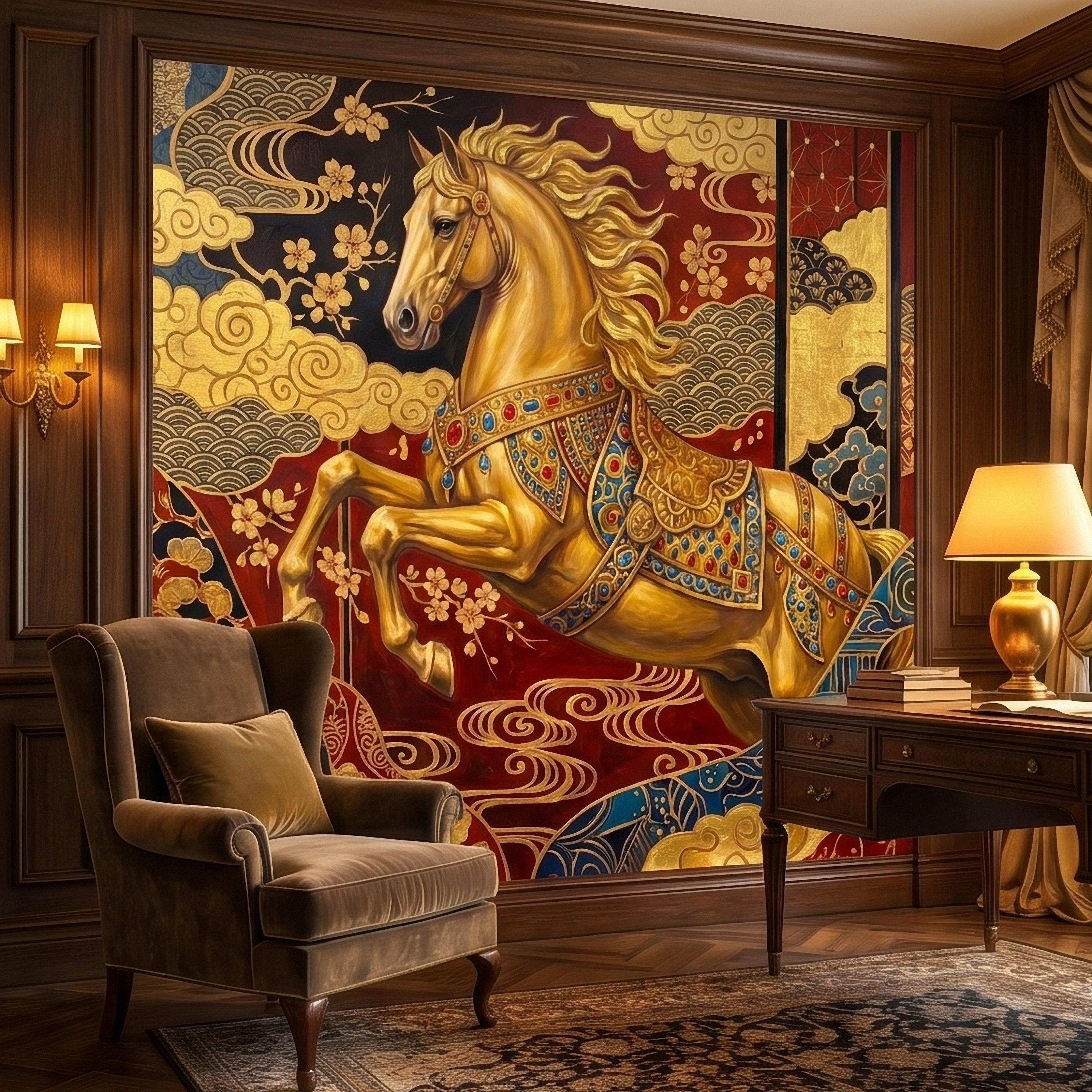 Japanese Golden Horse Peel and Stick Wall Mural, Ornate Kimono Style Asian Folding Screen Art, Sakura Blossoms, Clouds and Waves Wallpaper