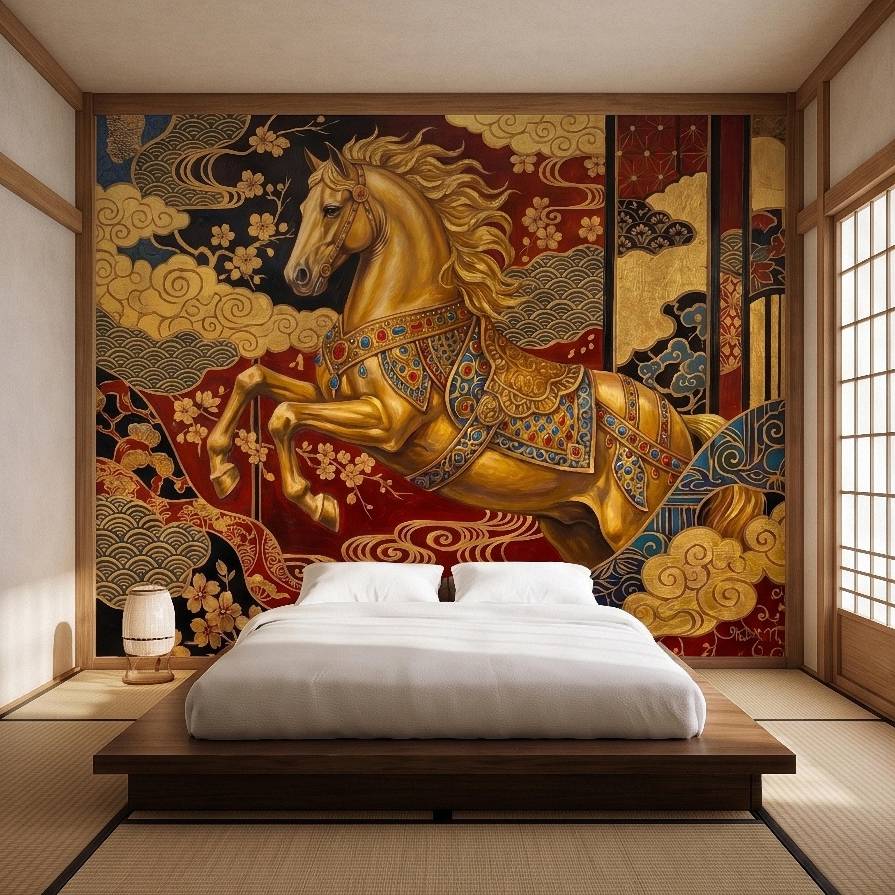 Japanese Golden Horse Peel and Stick Wall Mural, Ornate Kimono Style Asian Folding Screen Art, Sakura Blossoms, Clouds and Waves Wallpaper