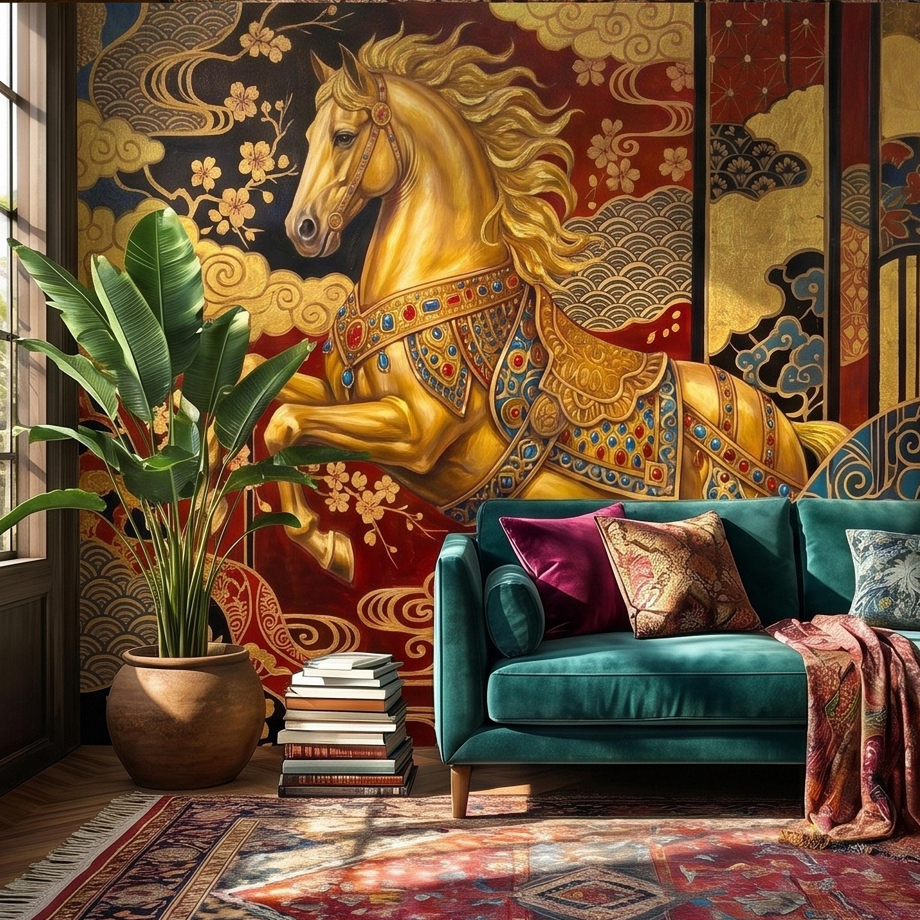 Japanese Golden Horse Peel and Stick Wall Mural, Ornate Kimono Style Asian Folding Screen Art, Sakura Blossoms, Clouds and Waves Wallpaper