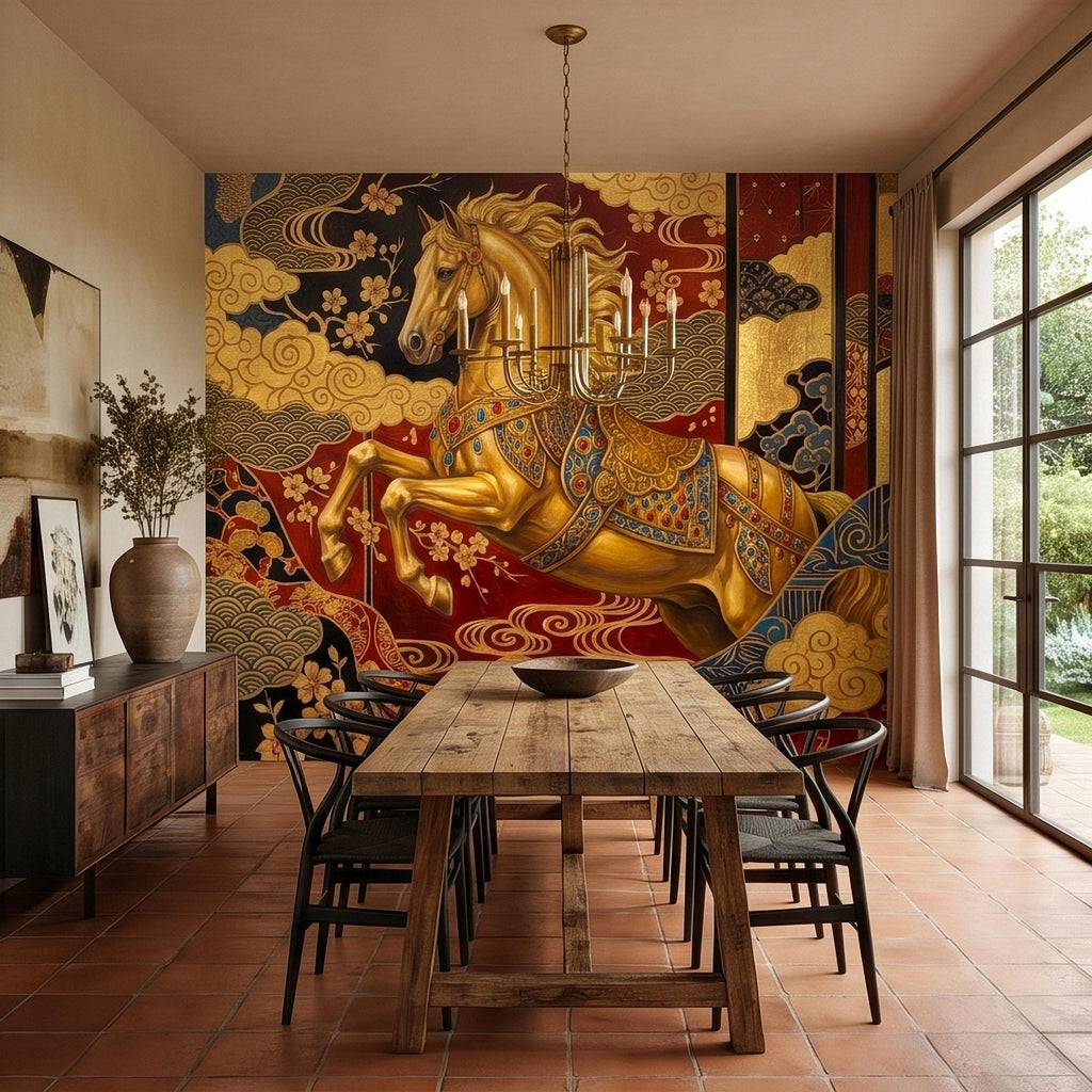 Japanese Golden Horse Peel and Stick Wall Mural, Ornate Kimono Style Asian Folding Screen Art, Sakura Blossoms, Clouds and Waves Wallpaper