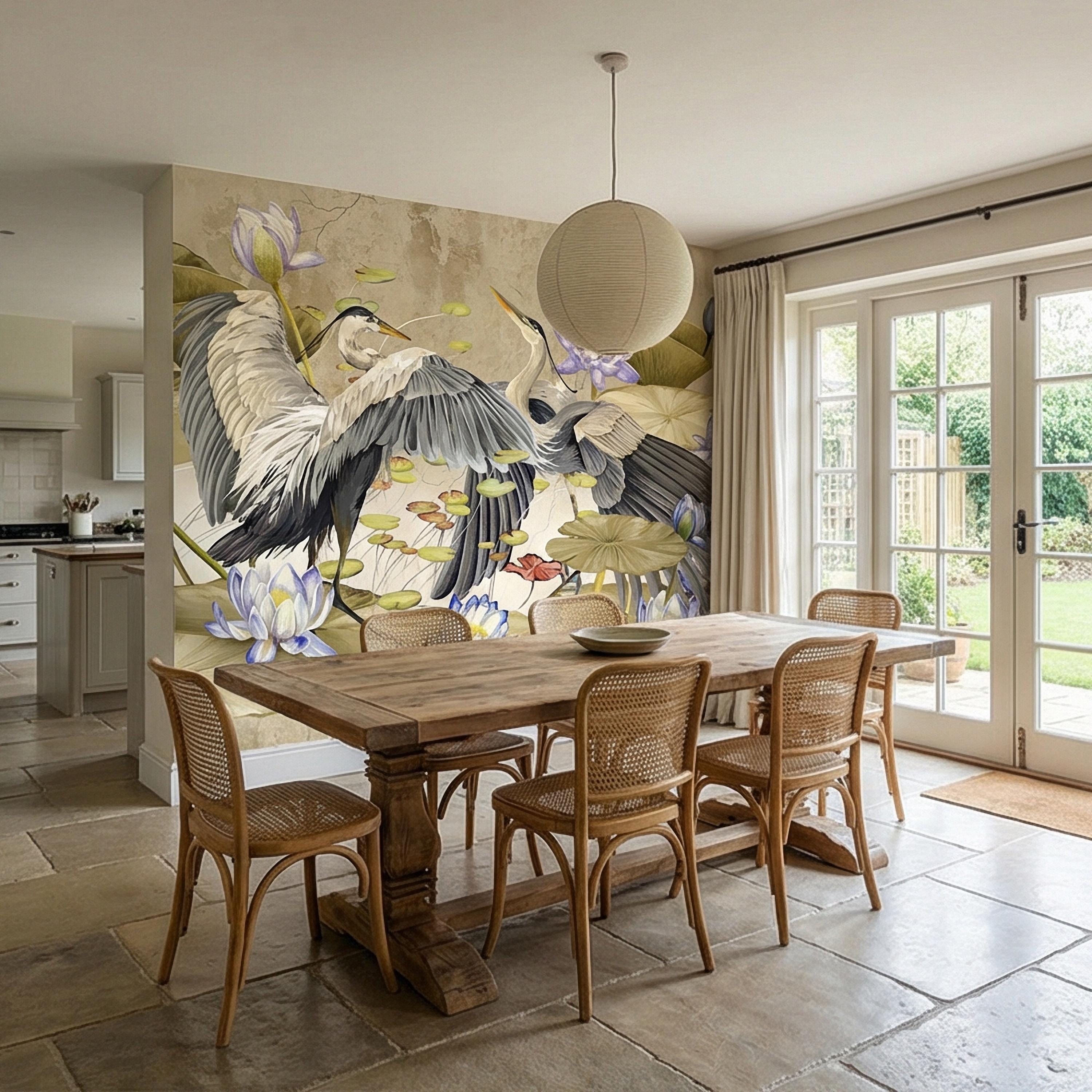Heron Water Lily Peel and Stick Wall Mural, Chinoiserie Lotus Pond Birds, Vintage Botanical Lily Pad, Soft Blue Beige Wallpaper