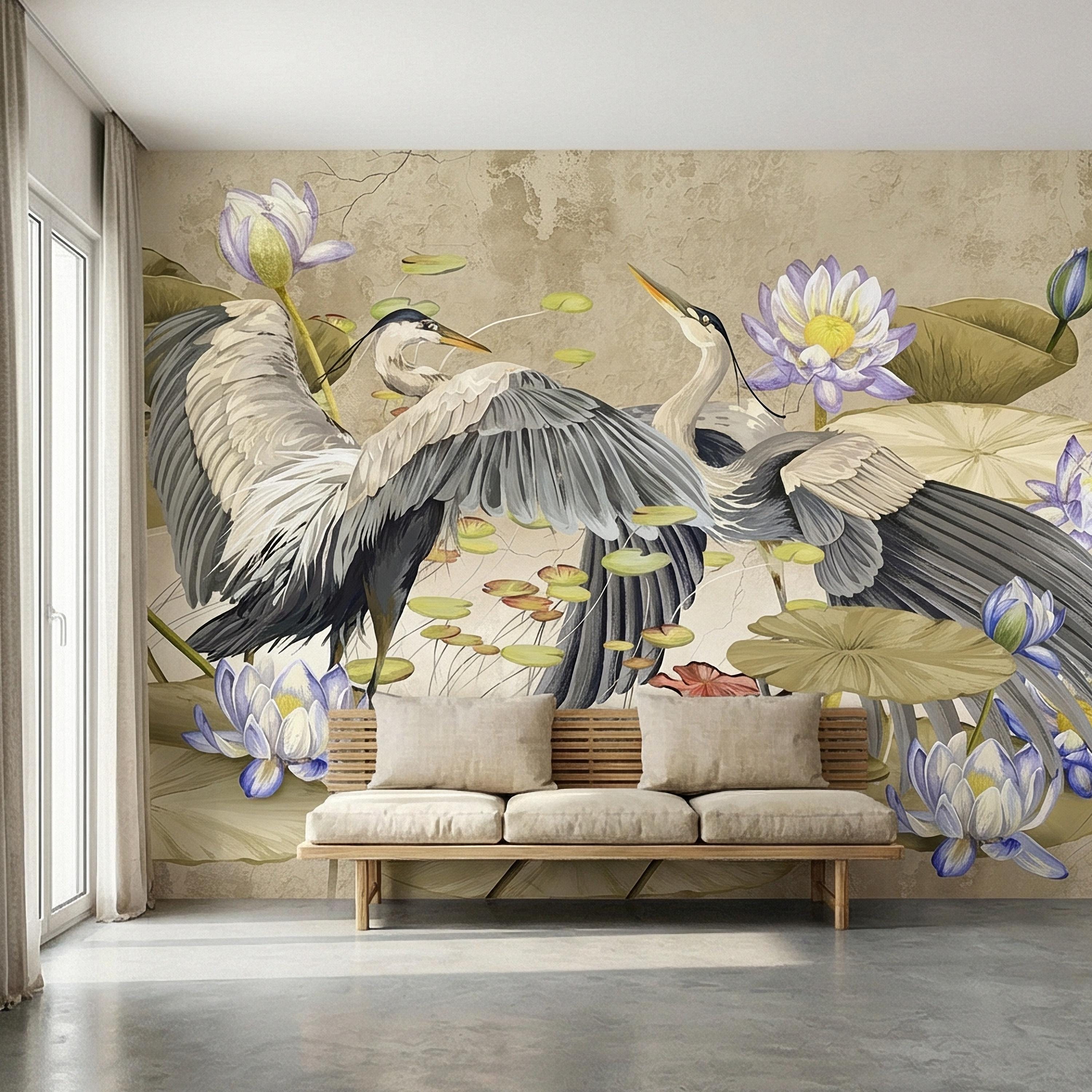 Heron Water Lily Peel and Stick Wall Mural, Chinoiserie Lotus Pond Birds, Vintage Botanical Lily Pad, Soft Blue Beige Wallpaper