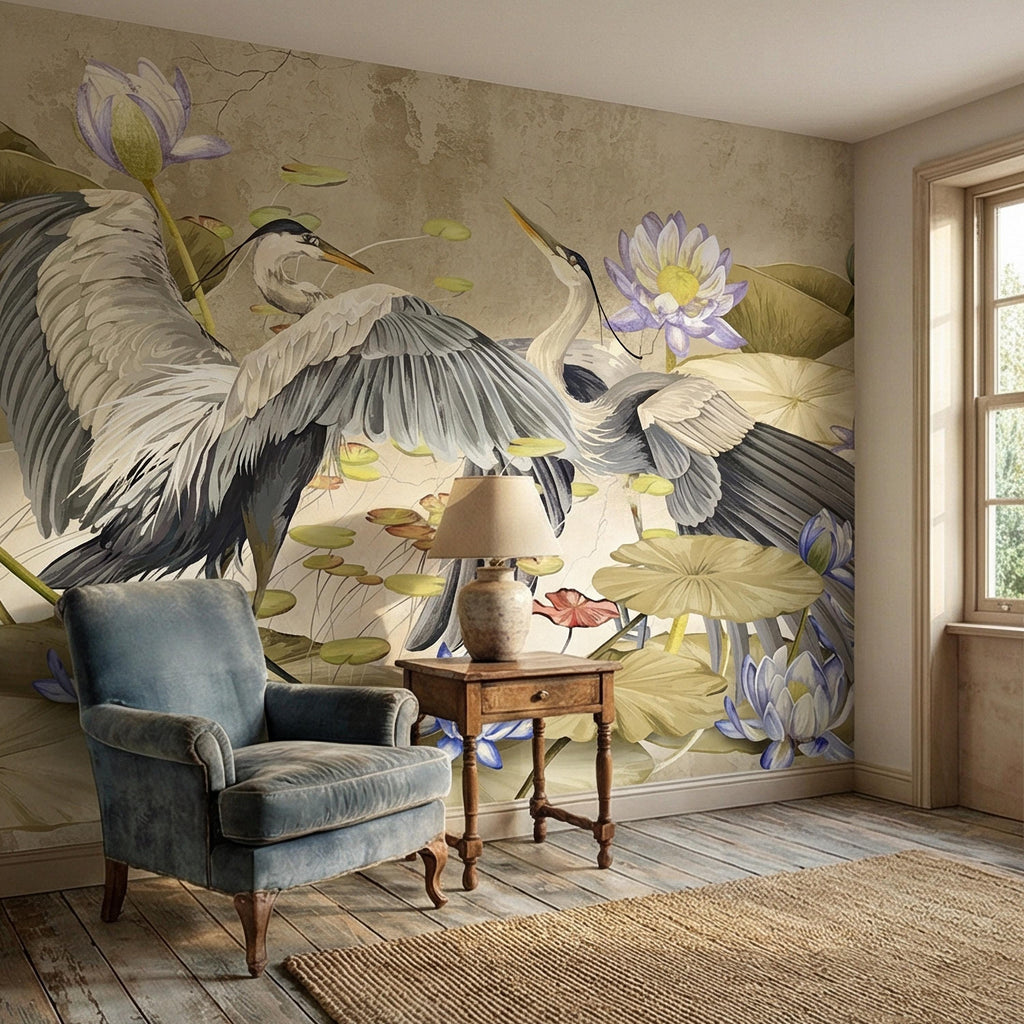Heron Water Lily Peel and Stick Wall Mural, Chinoiserie Lotus Pond Birds, Vintage Botanical Lily Pad, Soft Blue Beige Wallpaper