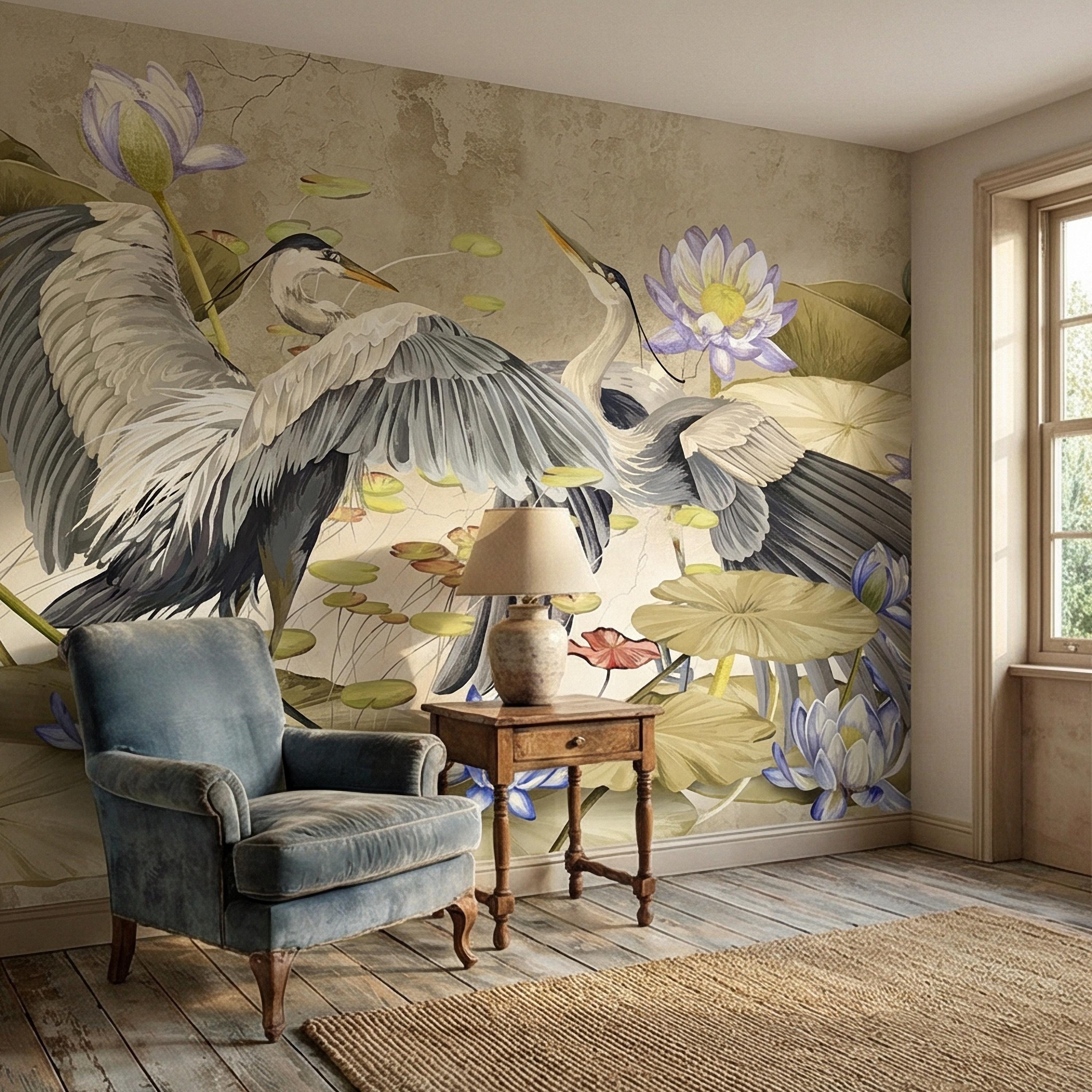 Heron Water Lily Peel and Stick Wall Mural, Chinoiserie Lotus Pond Birds, Vintage Botanical Lily Pad, Soft Blue Beige Wallpaper