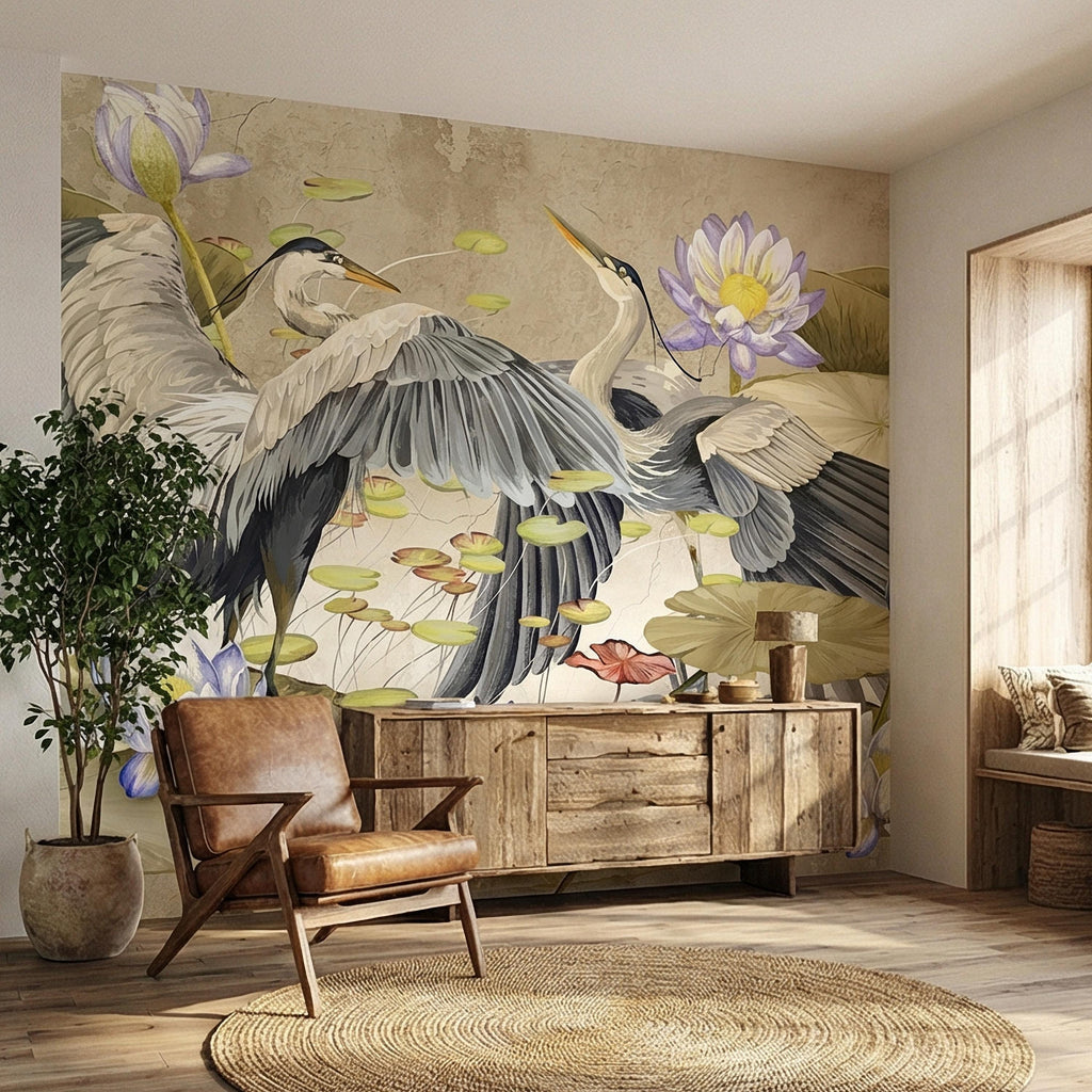 Heron Water Lily Peel and Stick Wall Mural, Chinoiserie Lotus Pond Birds, Vintage Botanical Lily Pad, Soft Blue Beige Wallpaper