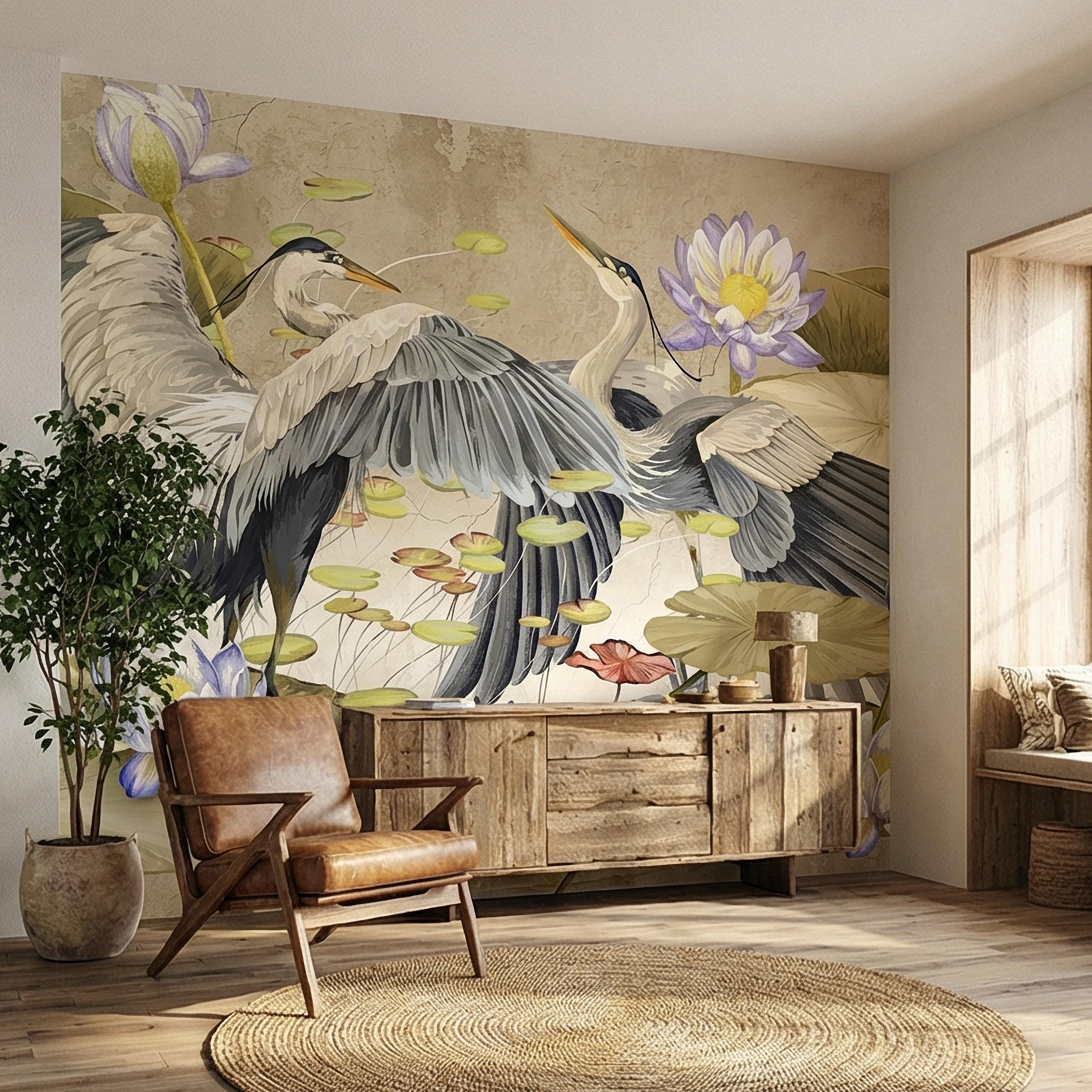Heron Water Lily Peel and Stick Wall Mural, Chinoiserie Lotus Pond Birds, Vintage Botanical Lily Pad, Soft Blue Beige Wallpaper