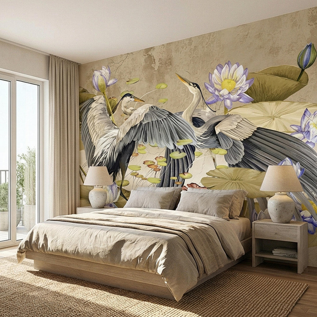 Heron Water Lily Peel and Stick Wall Mural, Chinoiserie Lotus Pond Birds, Vintage Botanical Lily Pad, Soft Blue Beige Wallpaper
