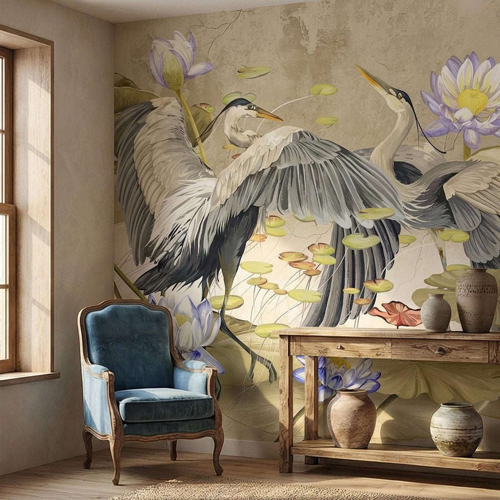 Heron Water Lily Peel and Stick Wall Mural, Chinoiserie Lotus Pond Birds, Vintage Botanical Lily Pad, Soft Blue Beige Wallpaper