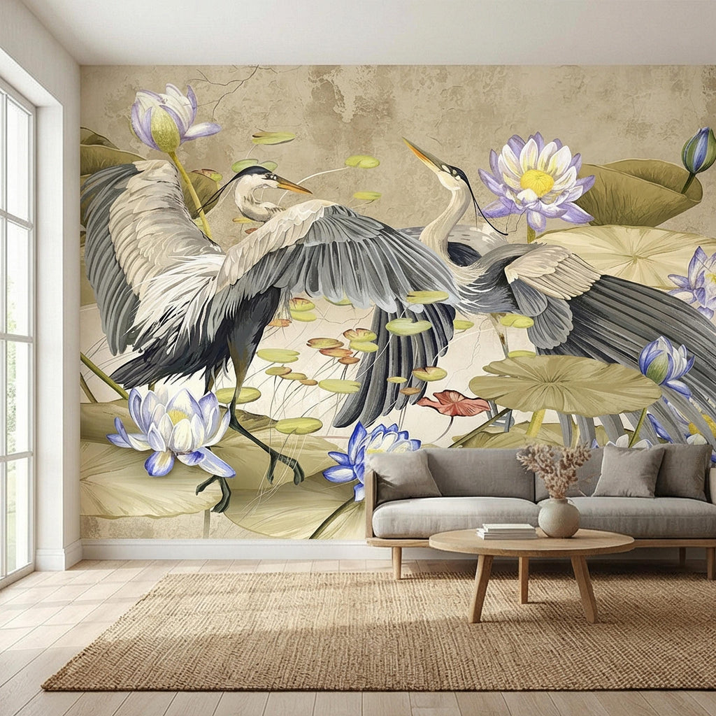 Heron Water Lily Peel and Stick Wall Mural, Chinoiserie Lotus Pond Birds, Vintage Botanical Lily Pad, Soft Blue Beige Wallpaper
