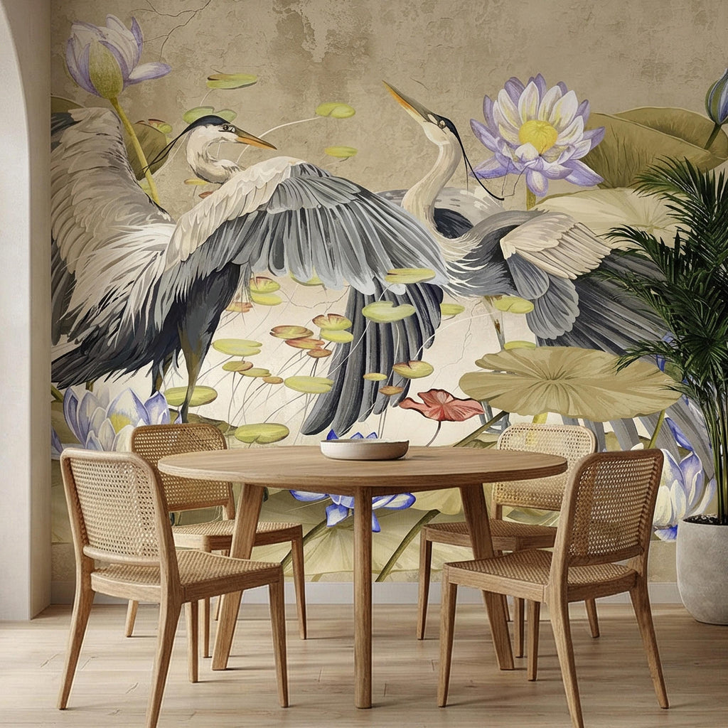 Heron Water Lily Peel and Stick Wall Mural, Chinoiserie Lotus Pond Birds, Vintage Botanical Lily Pad, Soft Blue Beige Wallpaper