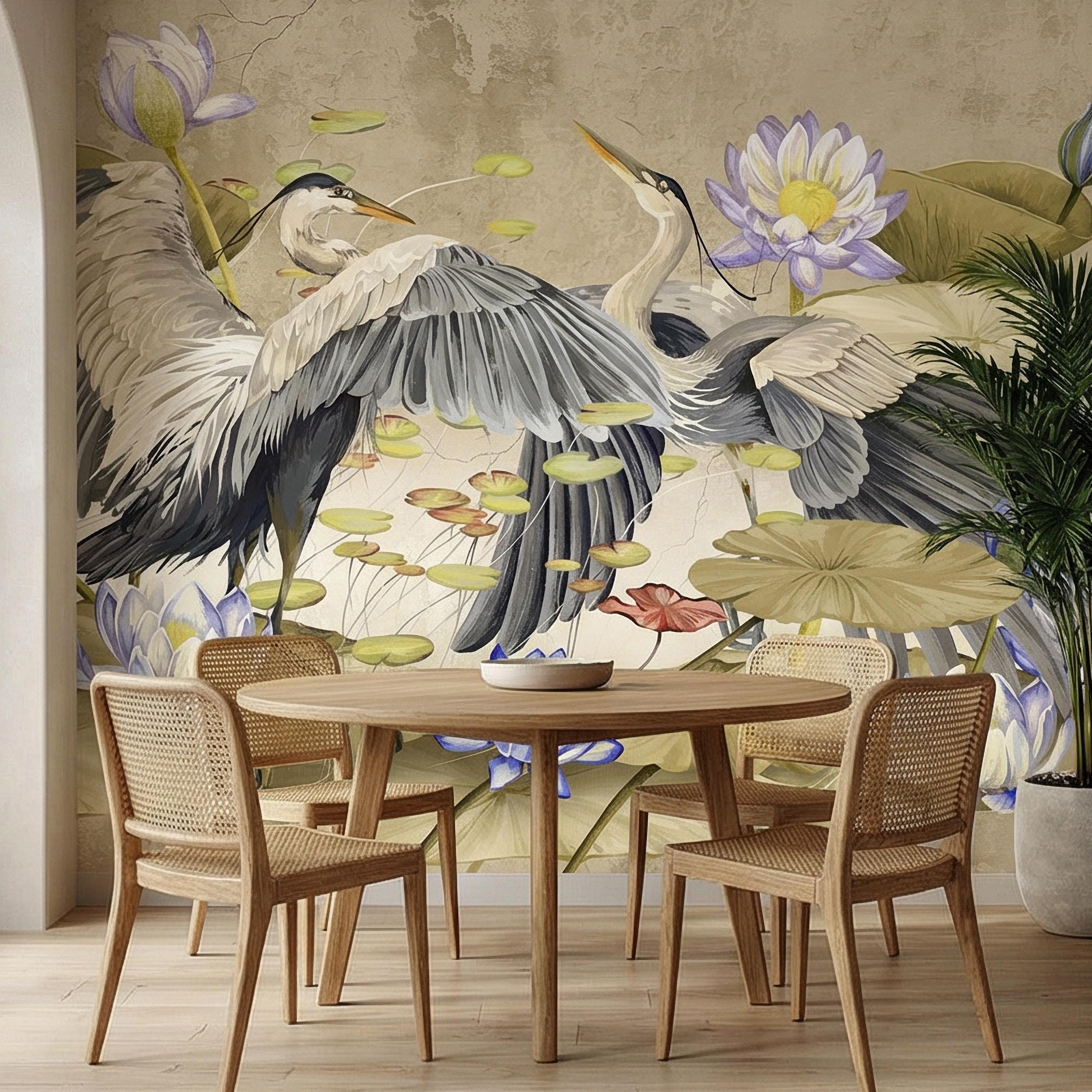 Heron Water Lily Peel and Stick Wall Mural, Chinoiserie Lotus Pond Birds, Vintage Botanical Lily Pad, Soft Blue Beige Wallpaper