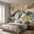 Heron Water Lily Peel and Stick Wall Mural, Chinoiserie Lotus Pond Birds, Vintage Botanical Lily Pad, Soft Blue Beige Wallpaper