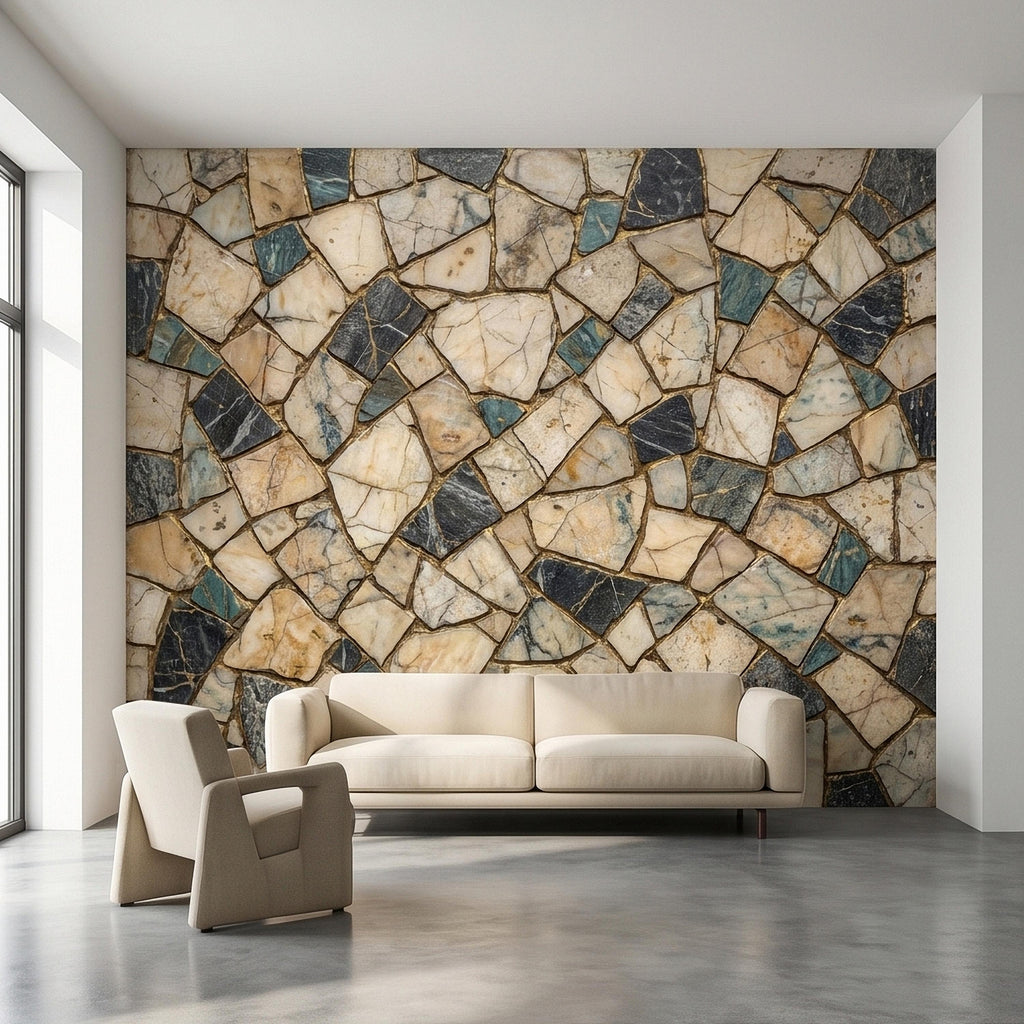 Kintsugi Marble Mosaic Peel and Stick Wall Mural, Broken Irregular Stone Tile Patchwork Pattern, Modern Luxury Faux Marble Texture Wallpaper