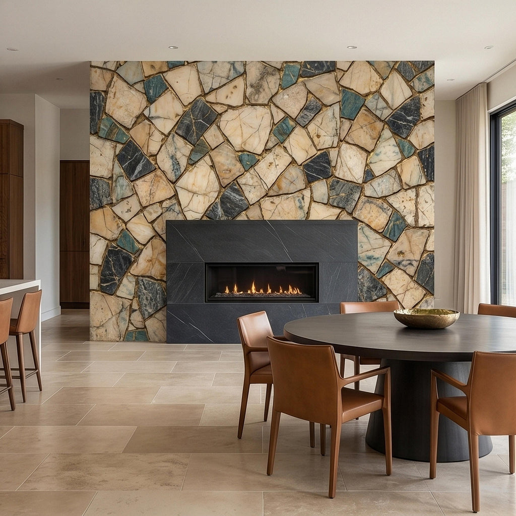 Kintsugi Marble Mosaic Peel and Stick Wall Mural, Broken Irregular Stone Tile Patchwork Pattern, Modern Luxury Faux Marble Texture Wallpaper