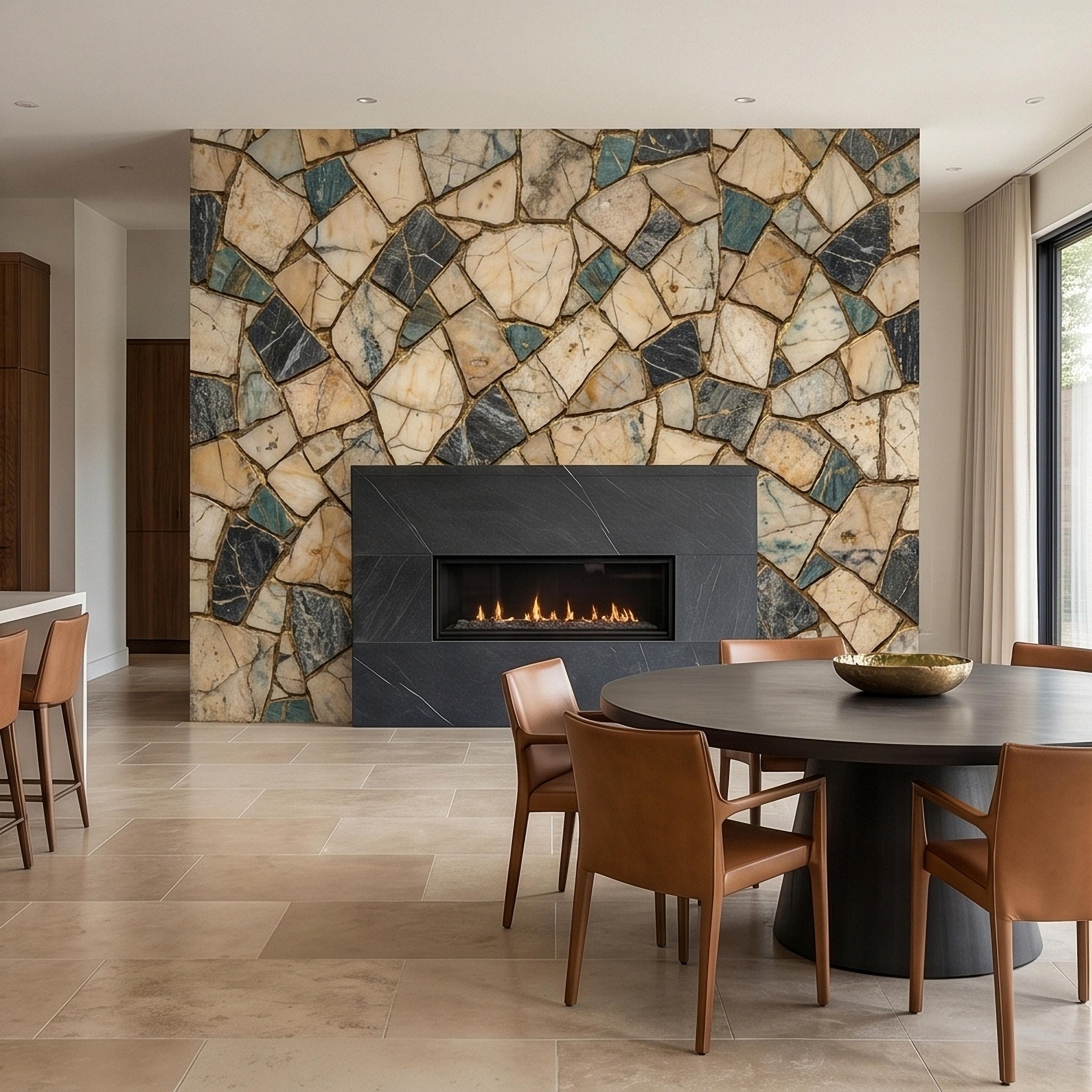 Kintsugi Marble Mosaic Peel and Stick Wall Mural, Broken Irregular Stone Tile Patchwork Pattern, Modern Luxury Faux Marble Texture Wallpaper