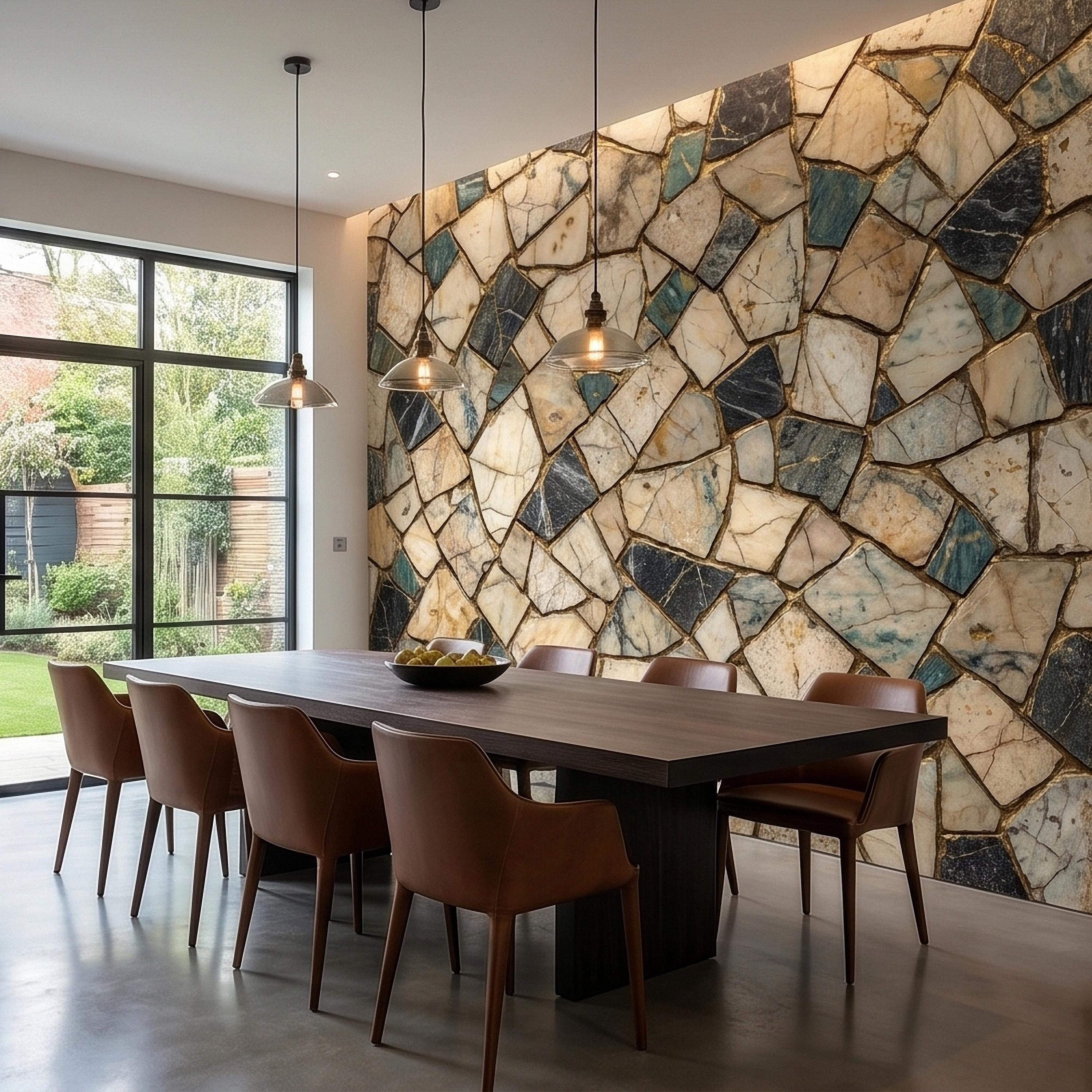 Kintsugi Marble Mosaic Peel and Stick Wall Mural, Broken Irregular Stone Tile Patchwork Pattern, Modern Luxury Faux Marble Texture Wallpaper