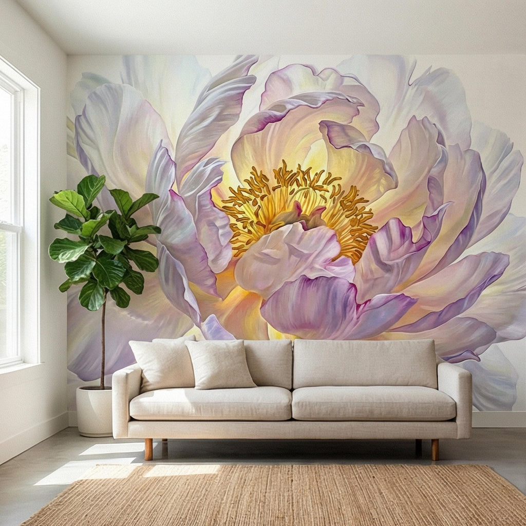 Soft Peony Peel and Stick Wall Mural, Blush Lavender Peony Bloom, Oversized Romantic Floral, Large Scale Elegant Botanical Wallpaper