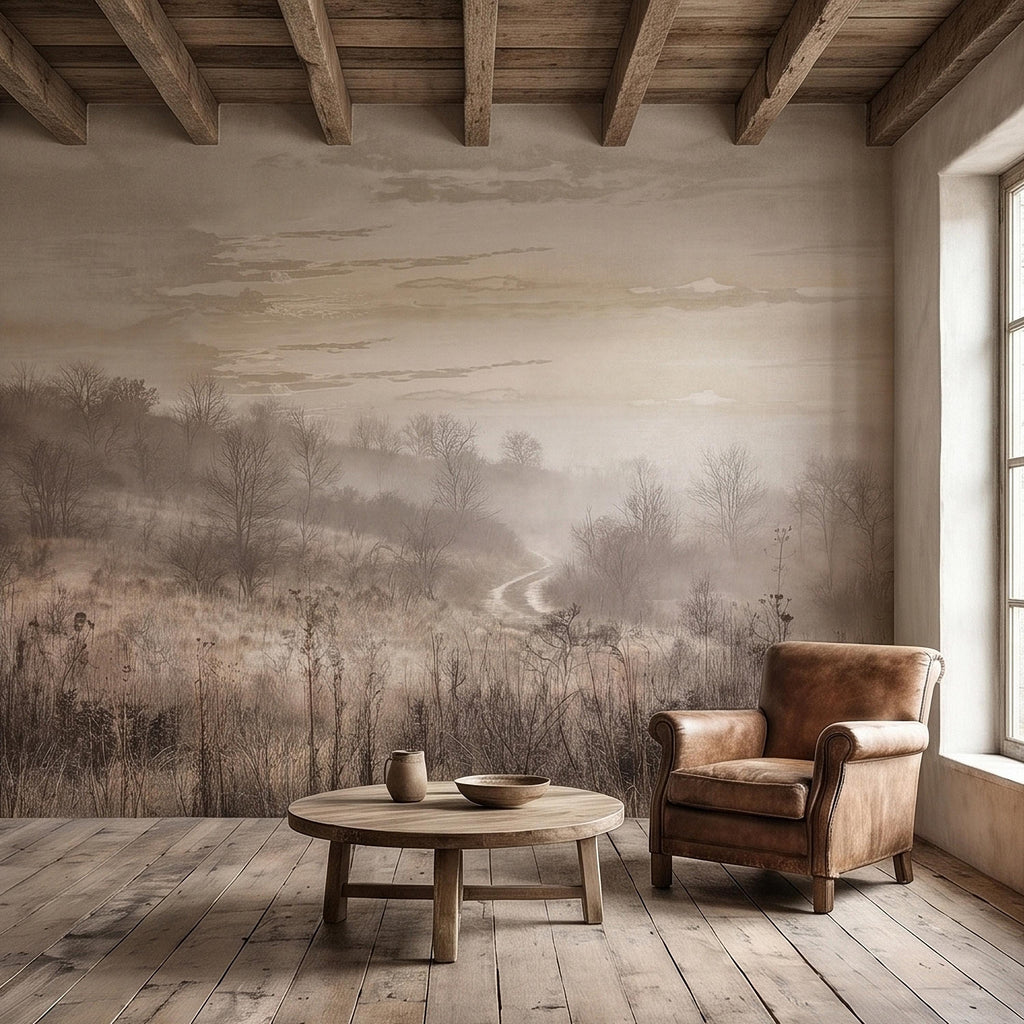Misty Meadow Peel and Stick Wall Mural, Soft Neutral Foggy Landscape with Winding Path, Minimalist Rustic Countryside Scenic Wallpaper