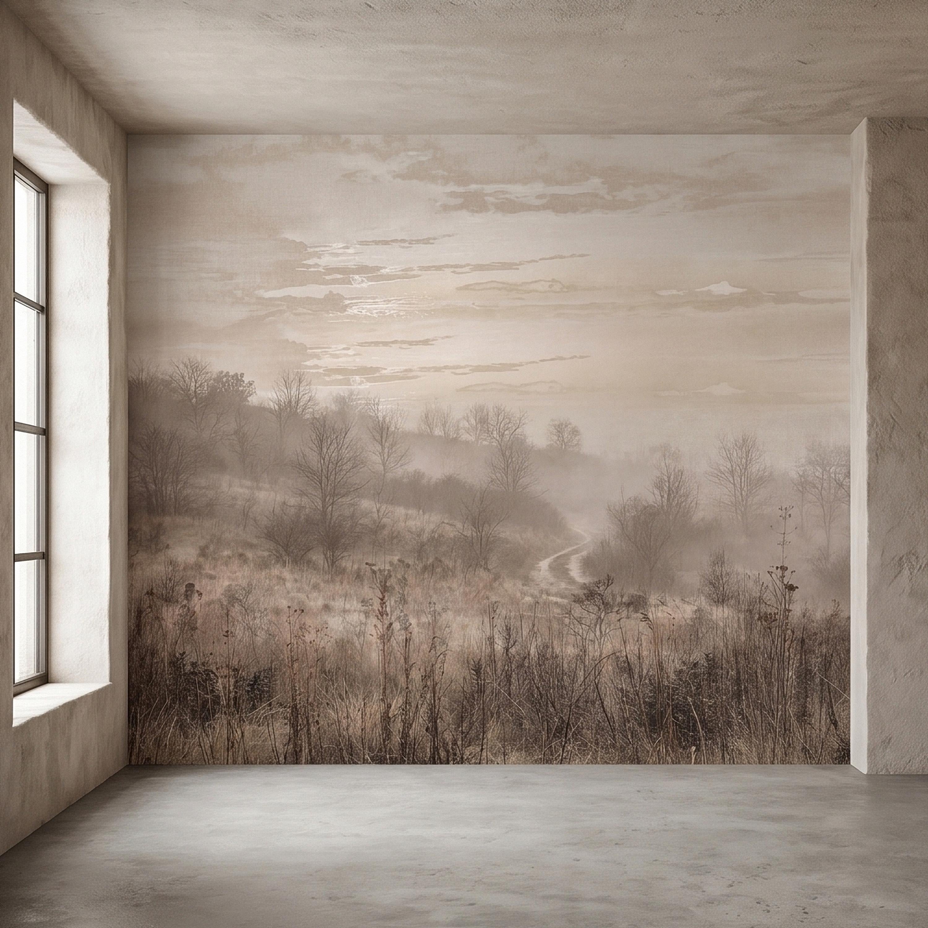 Misty Meadow Peel and Stick Wall Mural, Soft Neutral Foggy Landscape with Winding Path, Minimalist Rustic Countryside Scenic Wallpaper