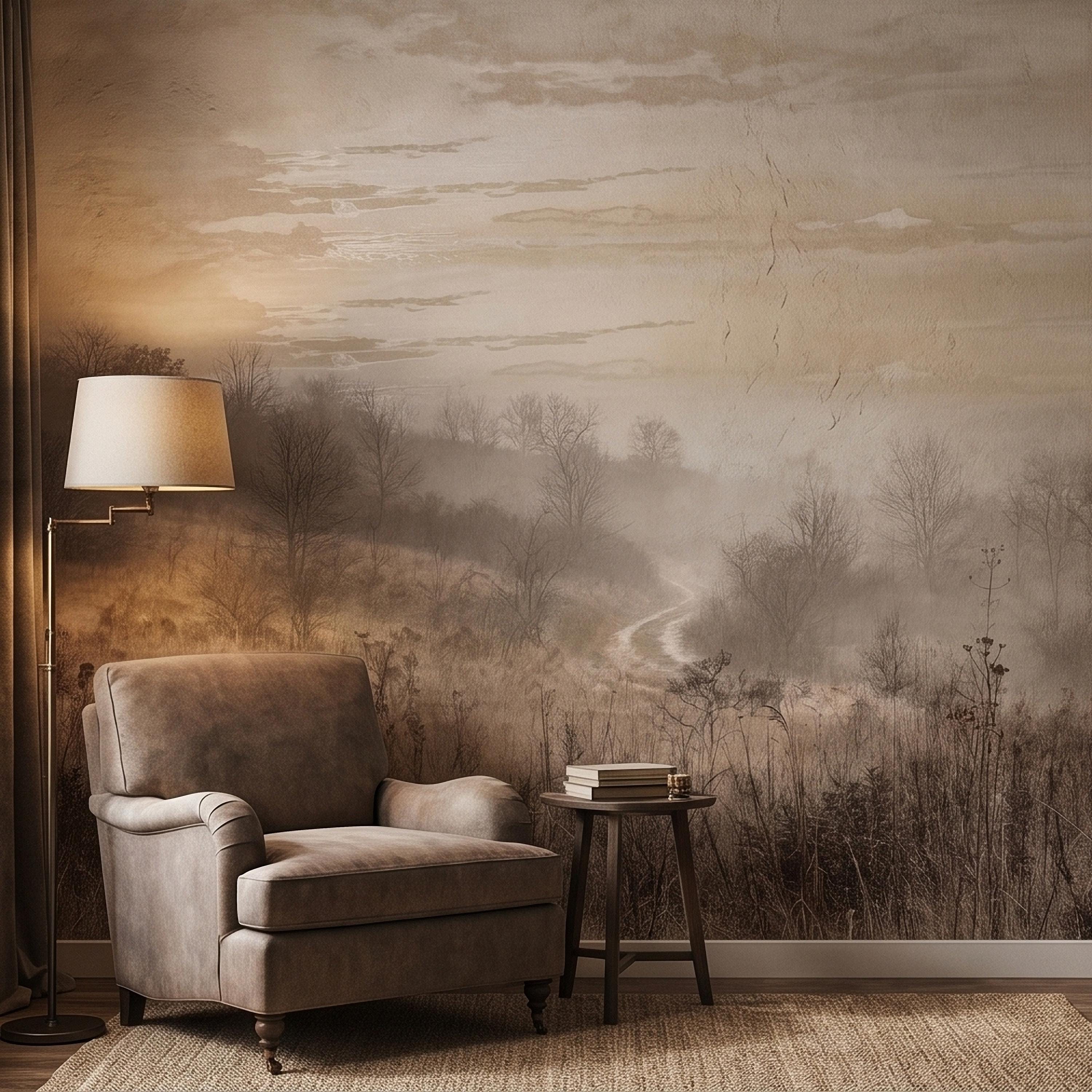 Misty Meadow Peel and Stick Wall Mural, Soft Neutral Foggy Landscape with Winding Path, Minimalist Rustic Countryside Scenic Wallpaper