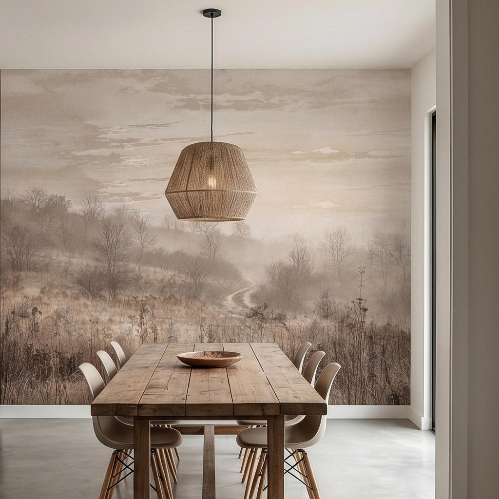 Misty Meadow Peel and Stick Wall Mural, Soft Neutral Foggy Landscape with Winding Path, Minimalist Rustic Countryside Scenic Wallpaper