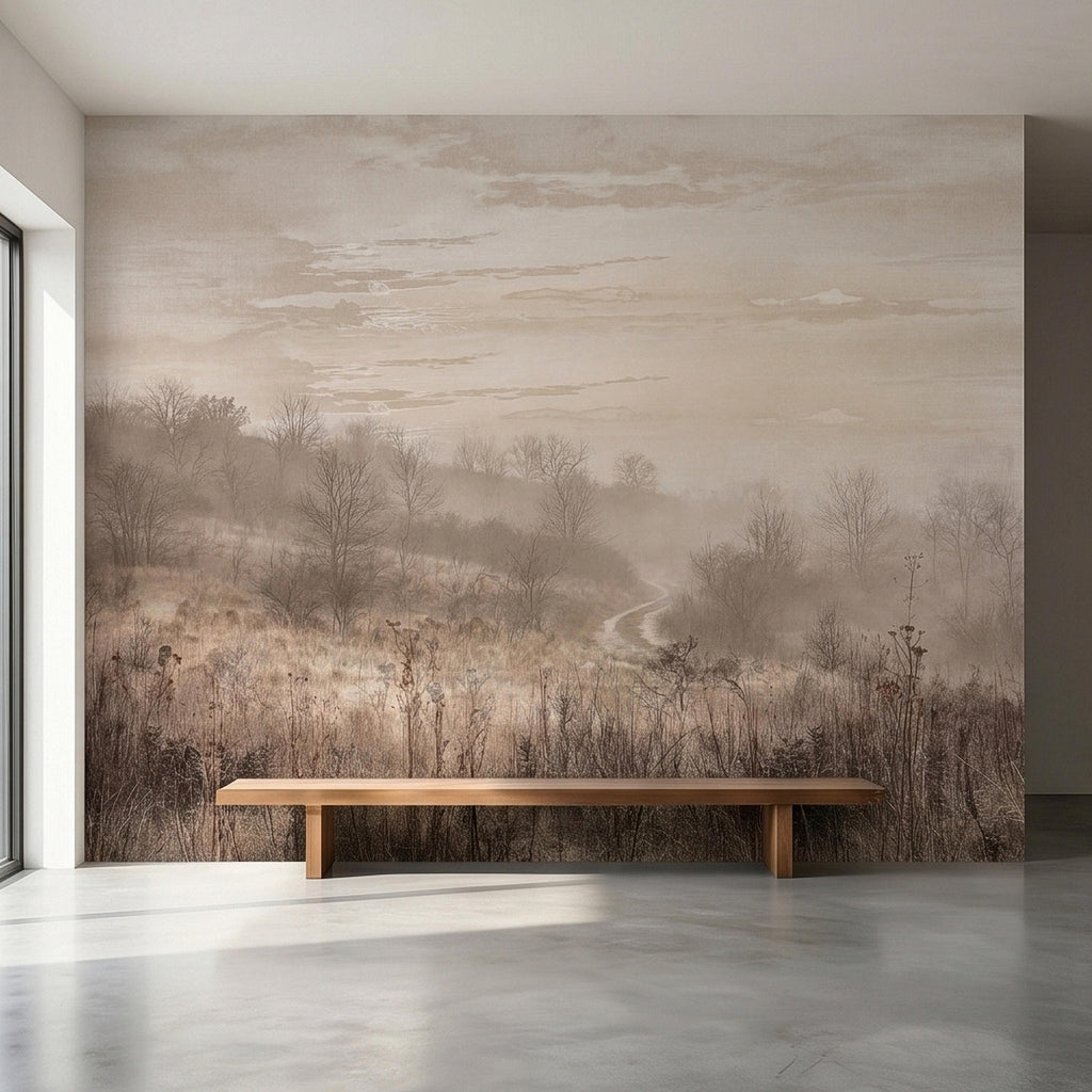 Misty Meadow Peel and Stick Wall Mural, Soft Neutral Foggy Landscape with Winding Path, Minimalist Rustic Countryside Scenic Wallpaper