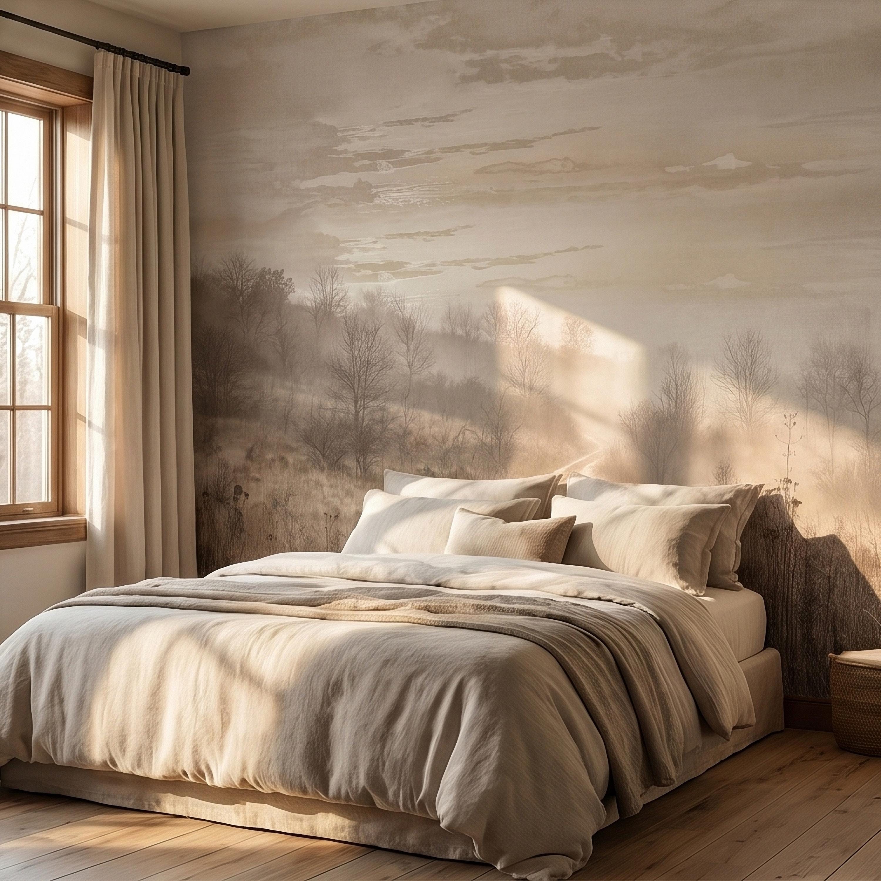 Misty Meadow Peel and Stick Wall Mural, Soft Neutral Foggy Landscape with Winding Path, Minimalist Rustic Countryside Scenic Wallpaper