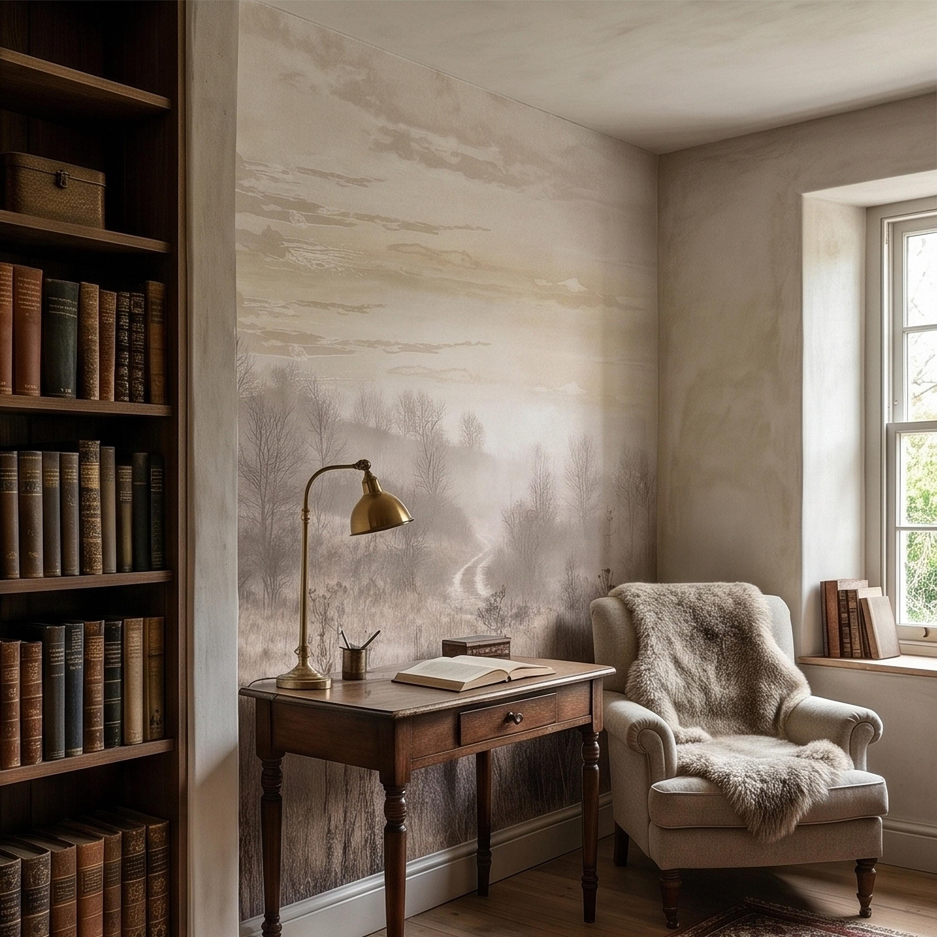 Misty Meadow Peel and Stick Wall Mural, Soft Neutral Foggy Landscape with Winding Path, Minimalist Rustic Countryside Scenic Wallpaper