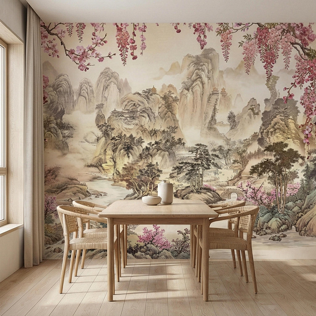 Cherry Blossom Asian Landscape Peel and Stick Wall Mural, Misty Mountain Pagoda River Scene, Chinoiserie Spring Garden Botanical Wallpaper