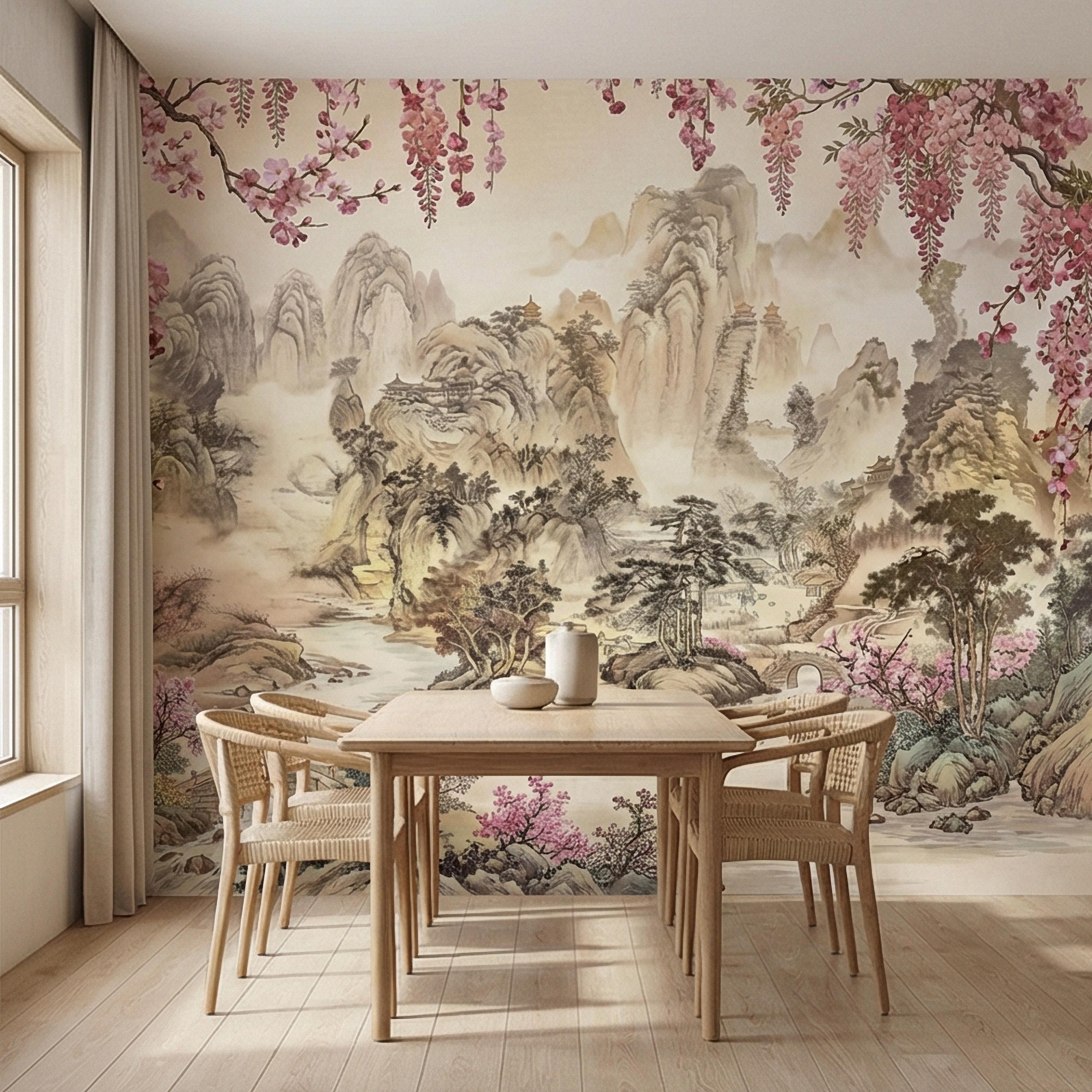 Cherry Blossom Asian Landscape Peel and Stick Wall Mural, Misty Mountain Pagoda River Scene, Chinoiserie Spring Garden Botanical Wallpaper