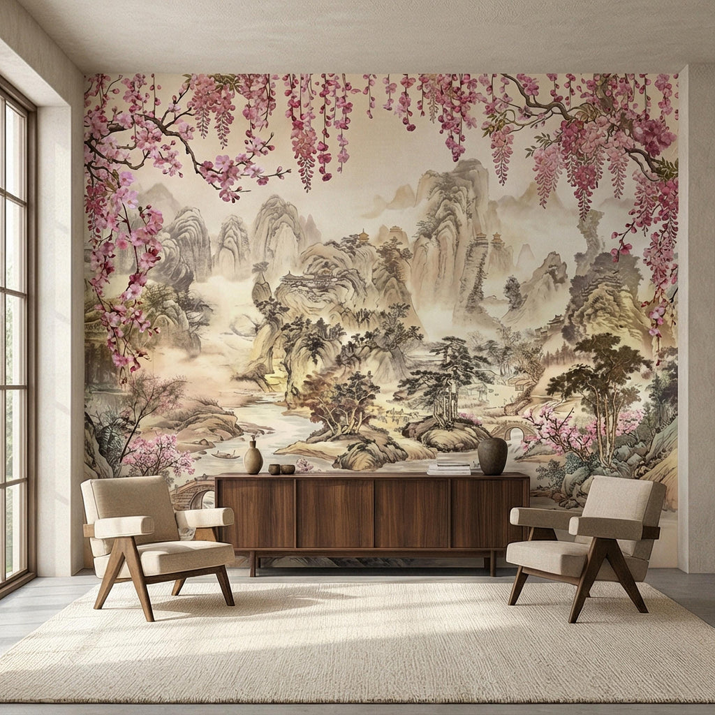 Cherry Blossom Asian Landscape Peel and Stick Wall Mural, Misty Mountain Pagoda River Scene, Chinoiserie Spring Garden Botanical Wallpaper