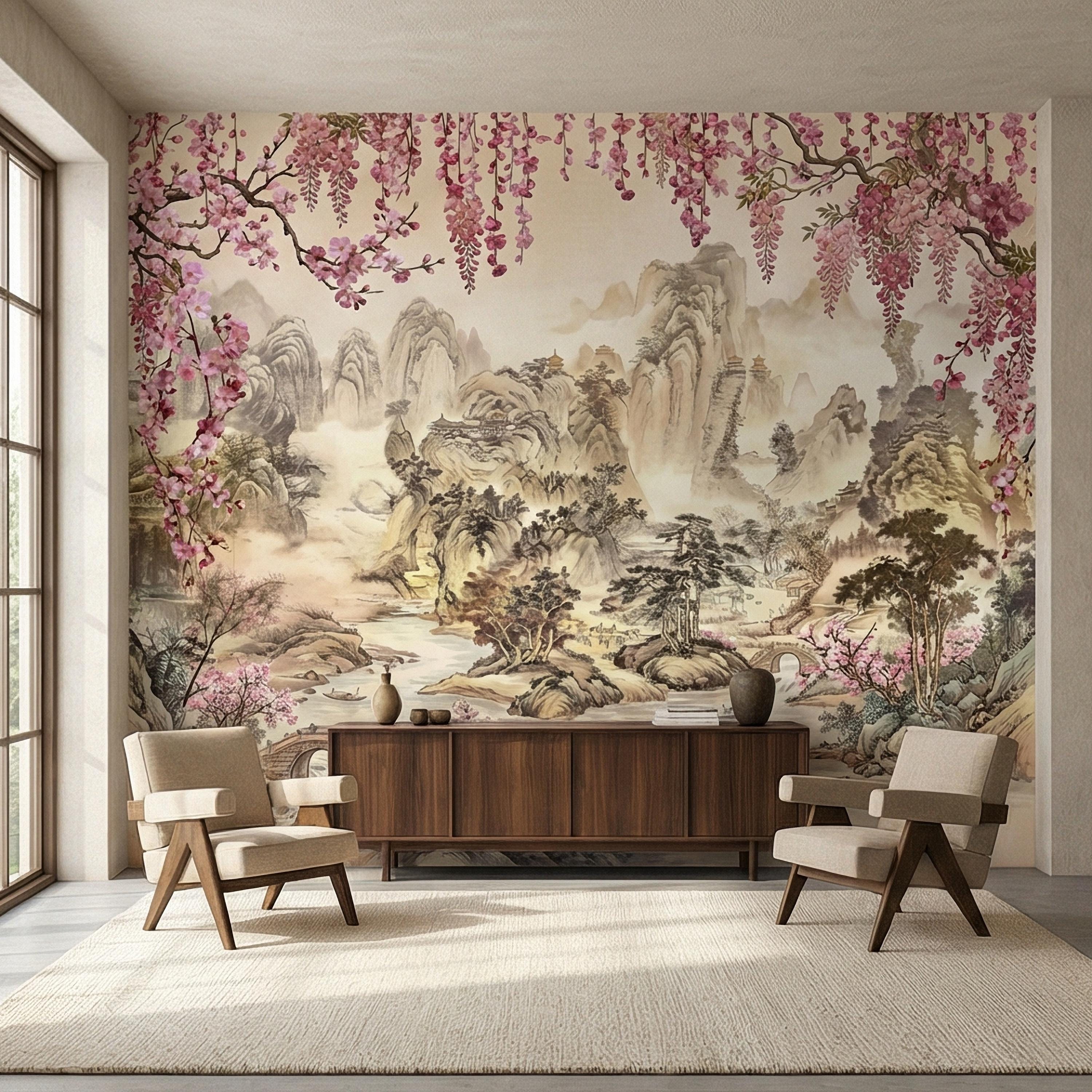 Cherry Blossom Asian Landscape Peel and Stick Wall Mural, Misty Mountain Pagoda River Scene, Chinoiserie Spring Garden Botanical Wallpaper