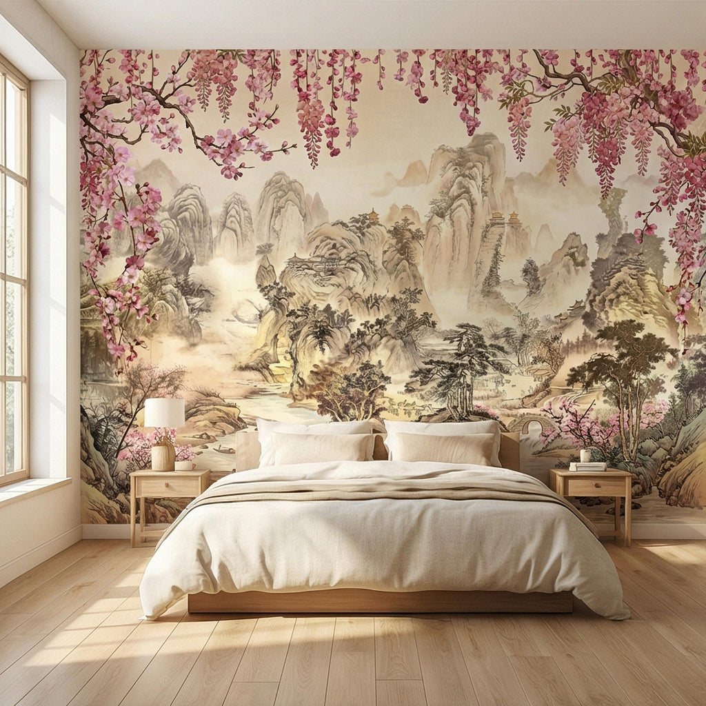 Cherry Blossom Asian Landscape Peel and Stick Wall Mural, Misty Mountain Pagoda River Scene, Chinoiserie Spring Garden Botanical Wallpaper