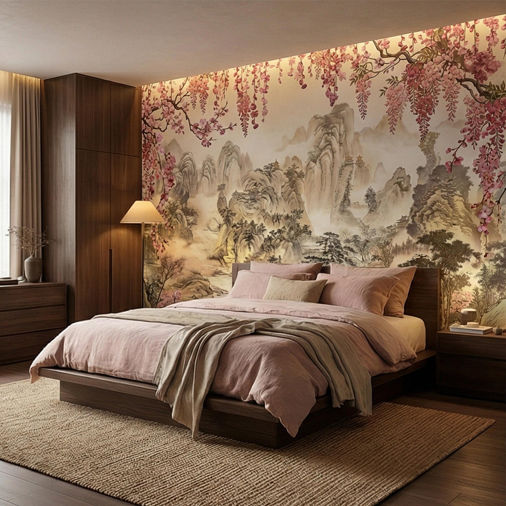 Cherry Blossom Asian Landscape Peel and Stick Wall Mural, Misty Mountain Pagoda River Scene, Chinoiserie Spring Garden Botanical Wallpaper