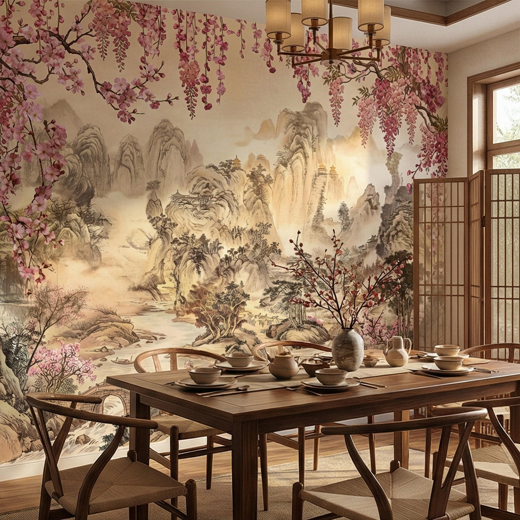 Cherry Blossom Asian Landscape Peel and Stick Wall Mural, Misty Mountain Pagoda River Scene, Chinoiserie Spring Garden Botanical Wallpaper