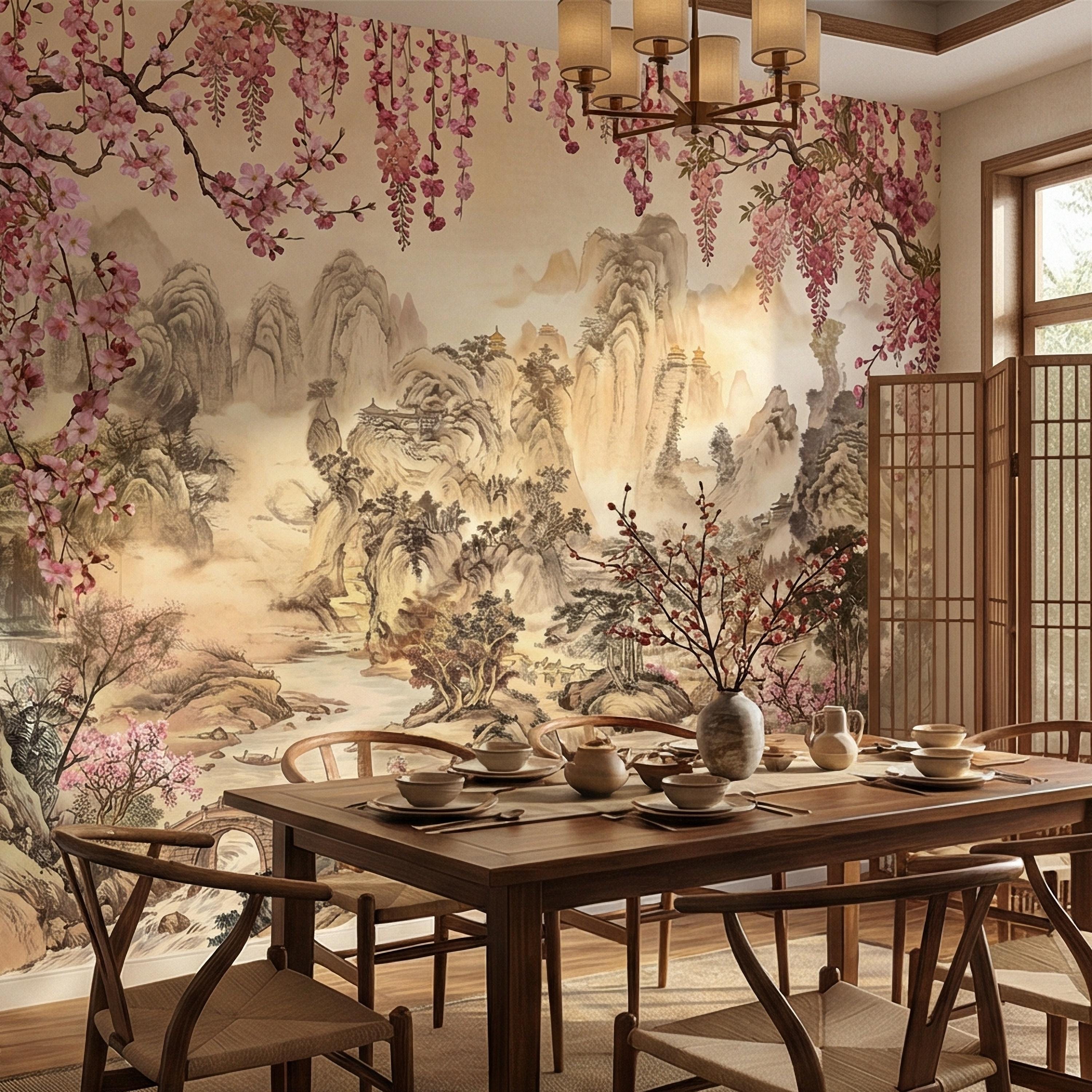 Cherry Blossom Asian Landscape Peel and Stick Wall Mural, Misty Mountain Pagoda River Scene, Chinoiserie Spring Garden Botanical Wallpaper