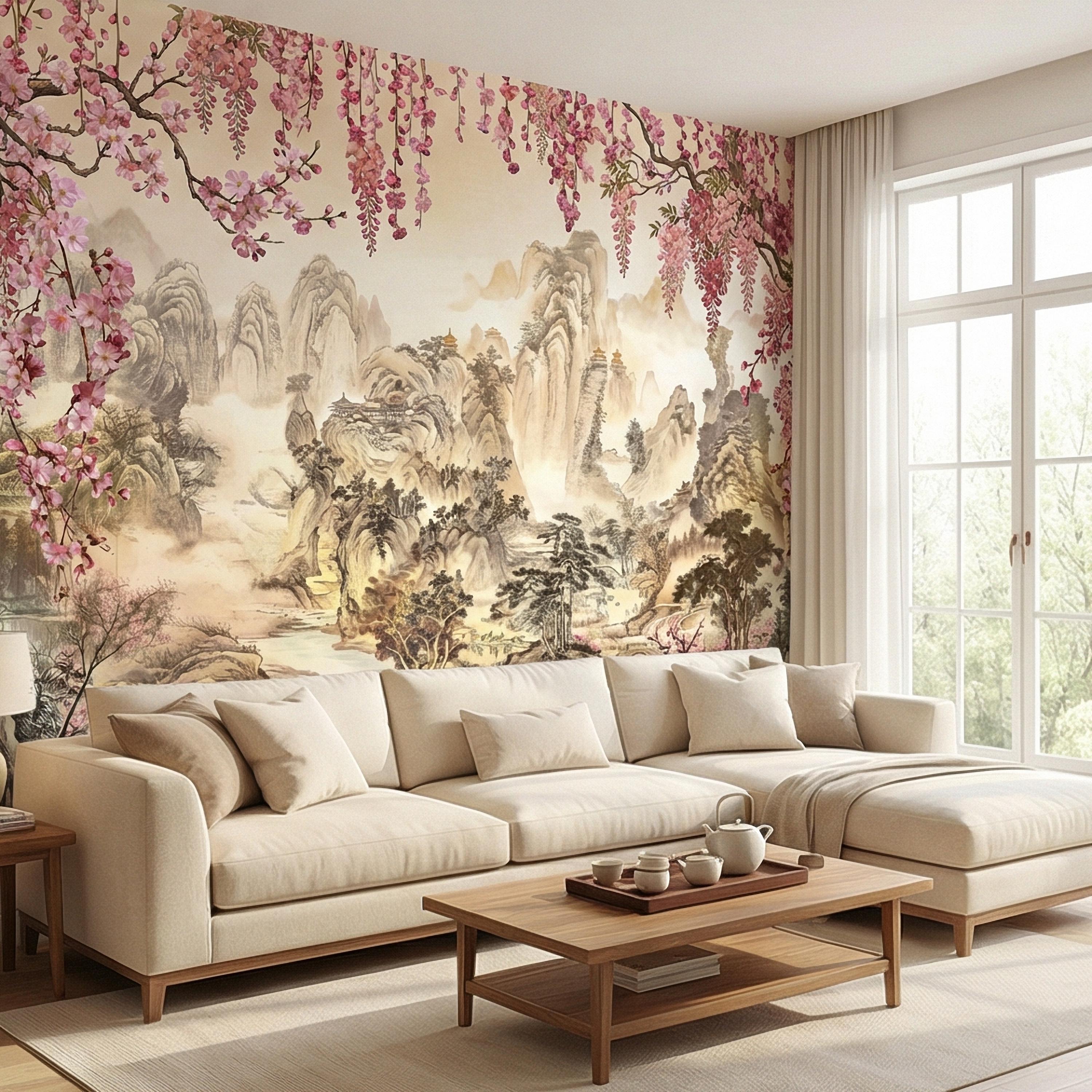 Cherry Blossom Asian Landscape Peel and Stick Wall Mural, Misty Mountain Pagoda River Scene, Chinoiserie Spring Garden Botanical Wallpaper