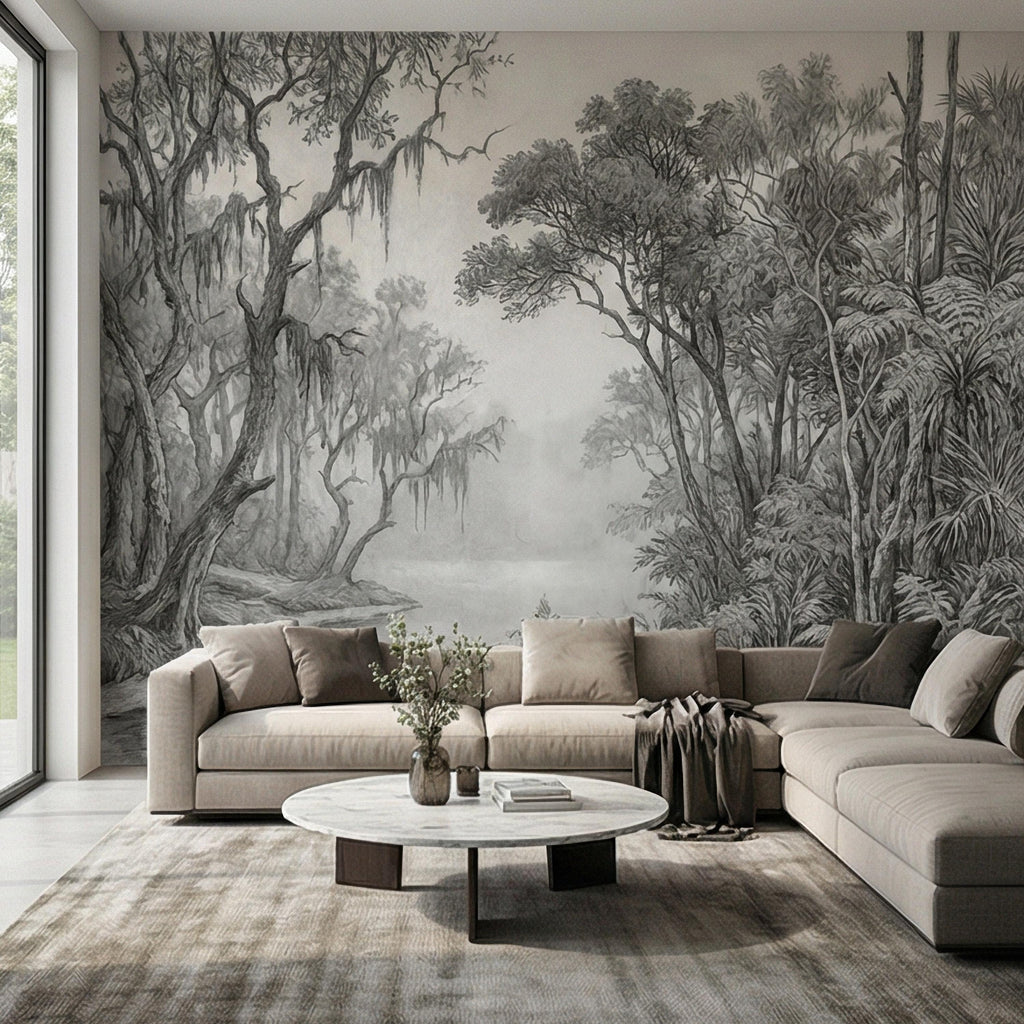 Misty Bayou Peel and Stick Wall Mural, Detailed Monochrome Pencil Sketch Landscape, Southern Swamp Forest River, Moody Gray Scenic Wallpaper