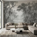 Misty Bayou Peel and Stick Wall Mural, Detailed Monochrome Pencil Sketch Landscape, Southern Swamp Forest River, Moody Gray Scenic Wallpaper