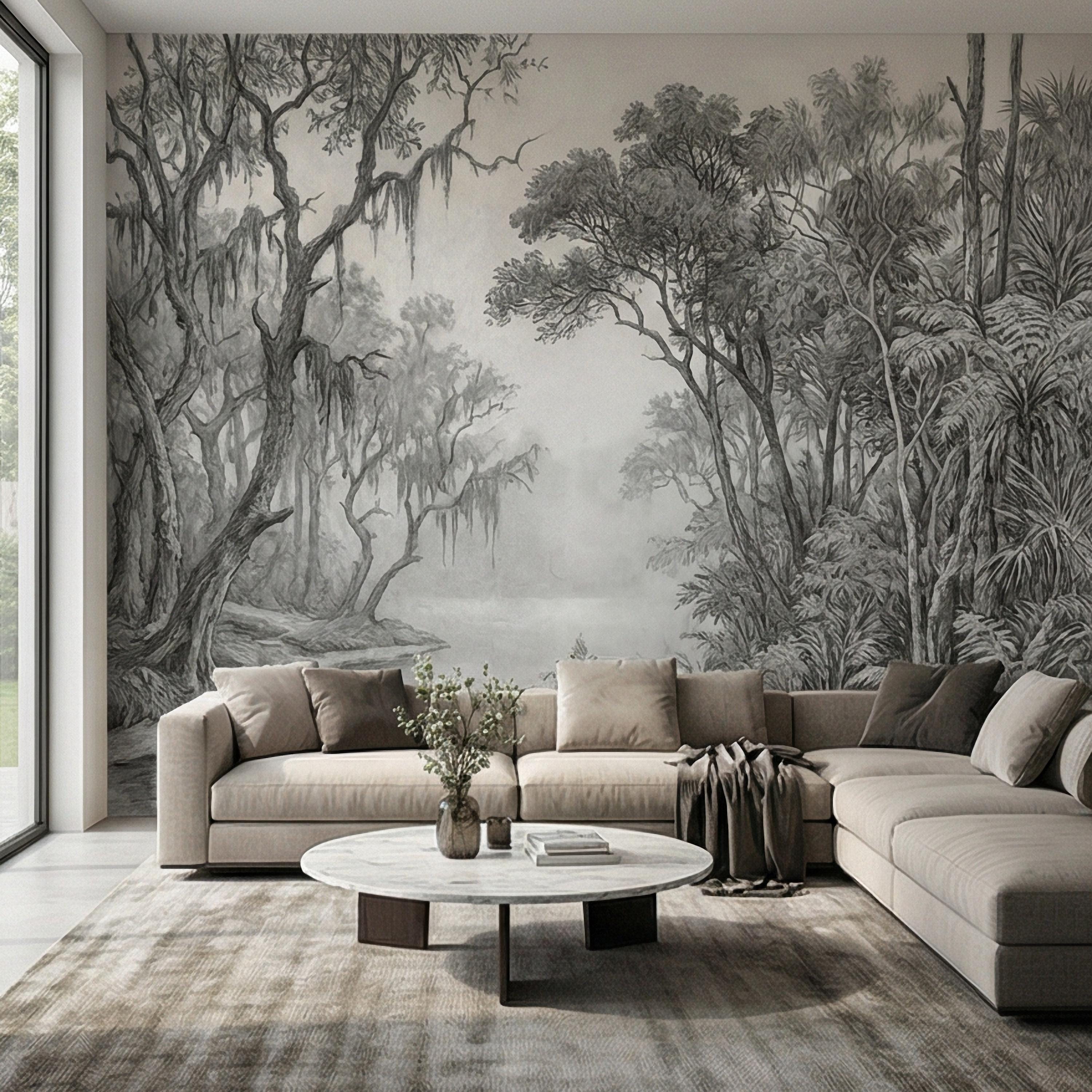 Misty Bayou Peel and Stick Wall Mural, Detailed Monochrome Pencil Sketch Landscape, Southern Swamp Forest River, Moody Gray Scenic Wallpaper