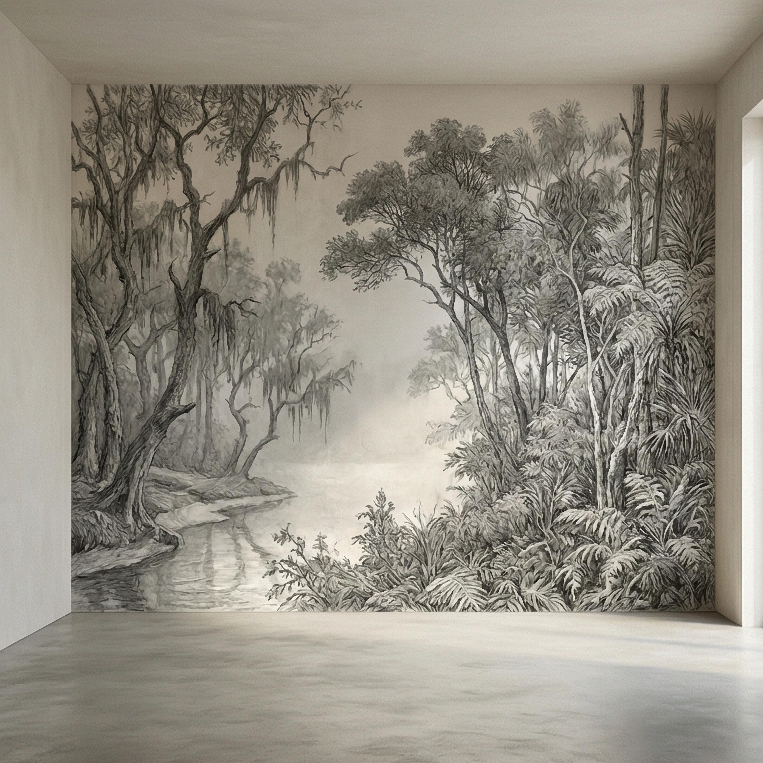 Misty Bayou Peel and Stick Wall Mural, Detailed Monochrome Pencil Sketch Landscape, Southern Swamp Forest River, Moody Gray Scenic Wallpaper